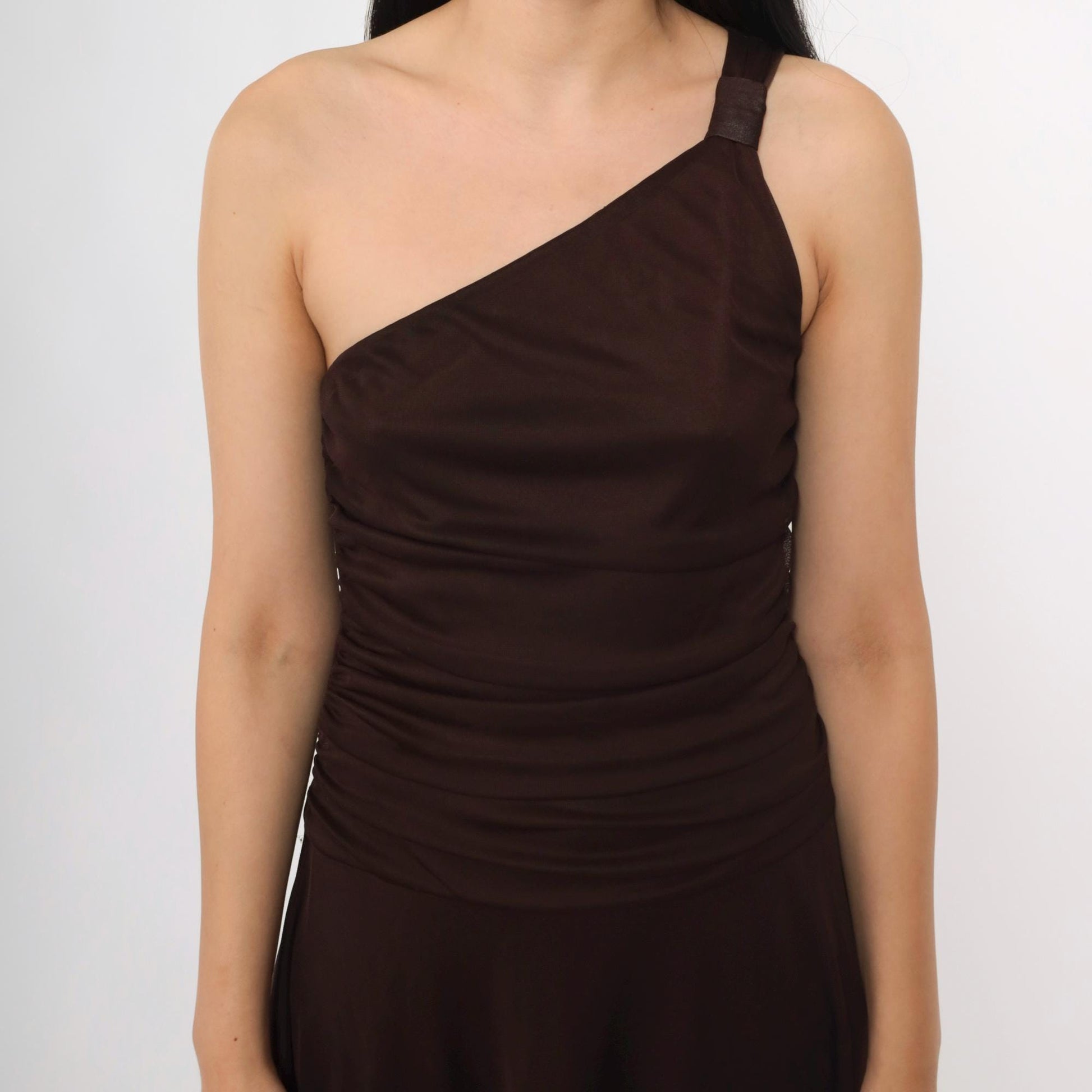 Y2K Brown Mesh One-Shoulder Midi Dress Ruched Asymmetrical Small S