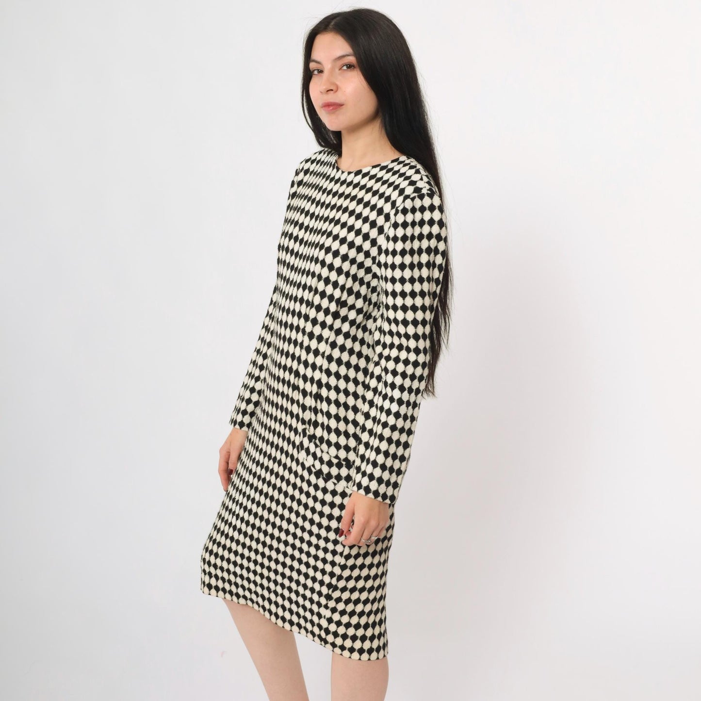 80s Jackie Bernard Black White Checkered Knee-Length Dress Medium