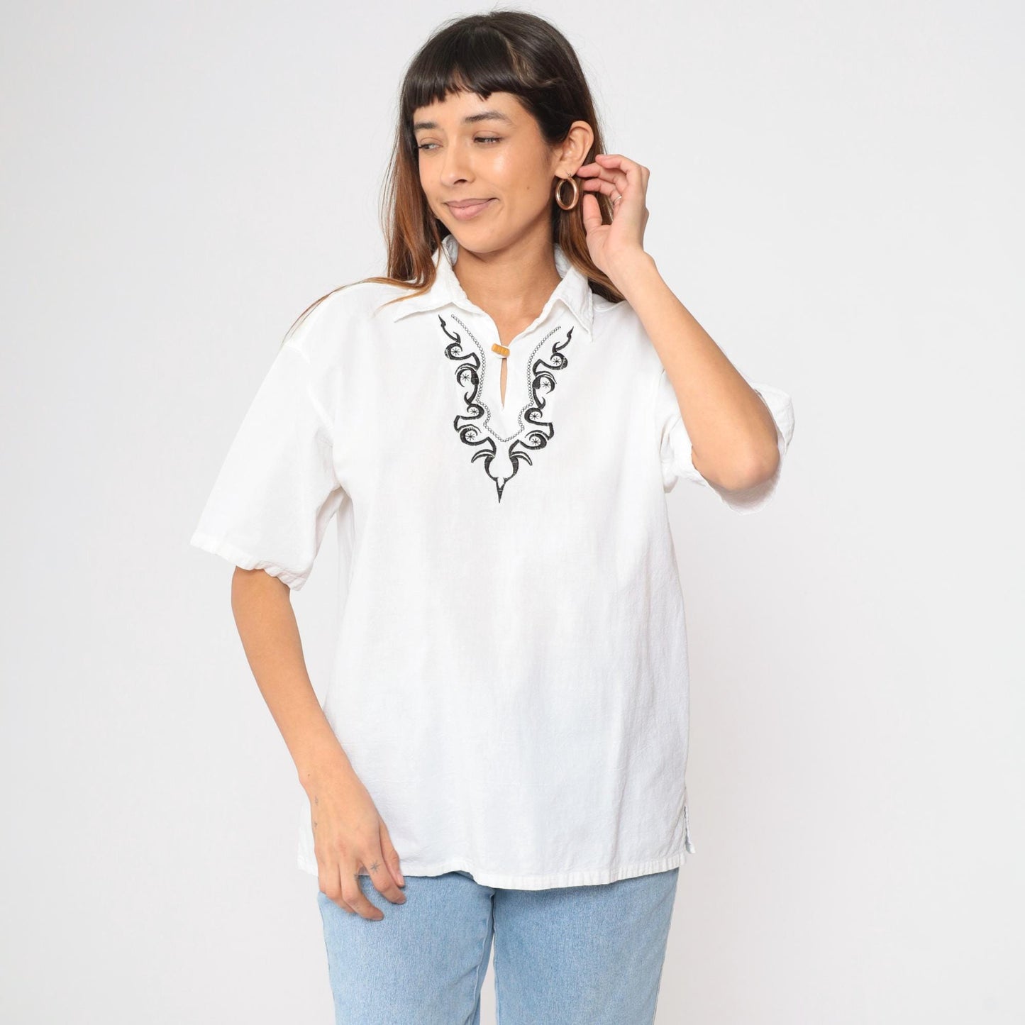 Y2K White Embroidered Tunic Split Neck Blouse Black Stitching Extra Large