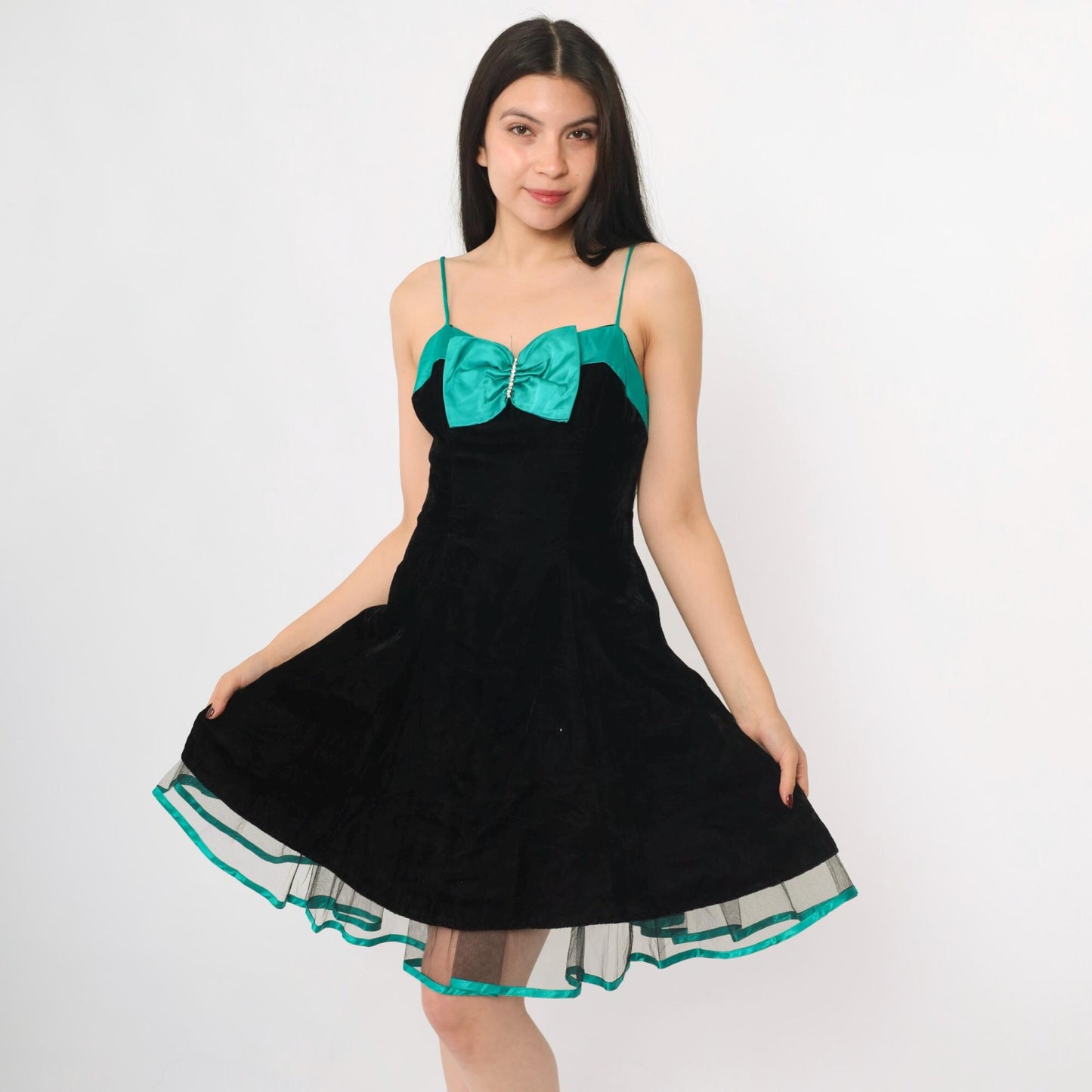 80s Black Velvet Mini Dress Teal Bow Sweetheart Neckline Spaghetti Strap Extra Small