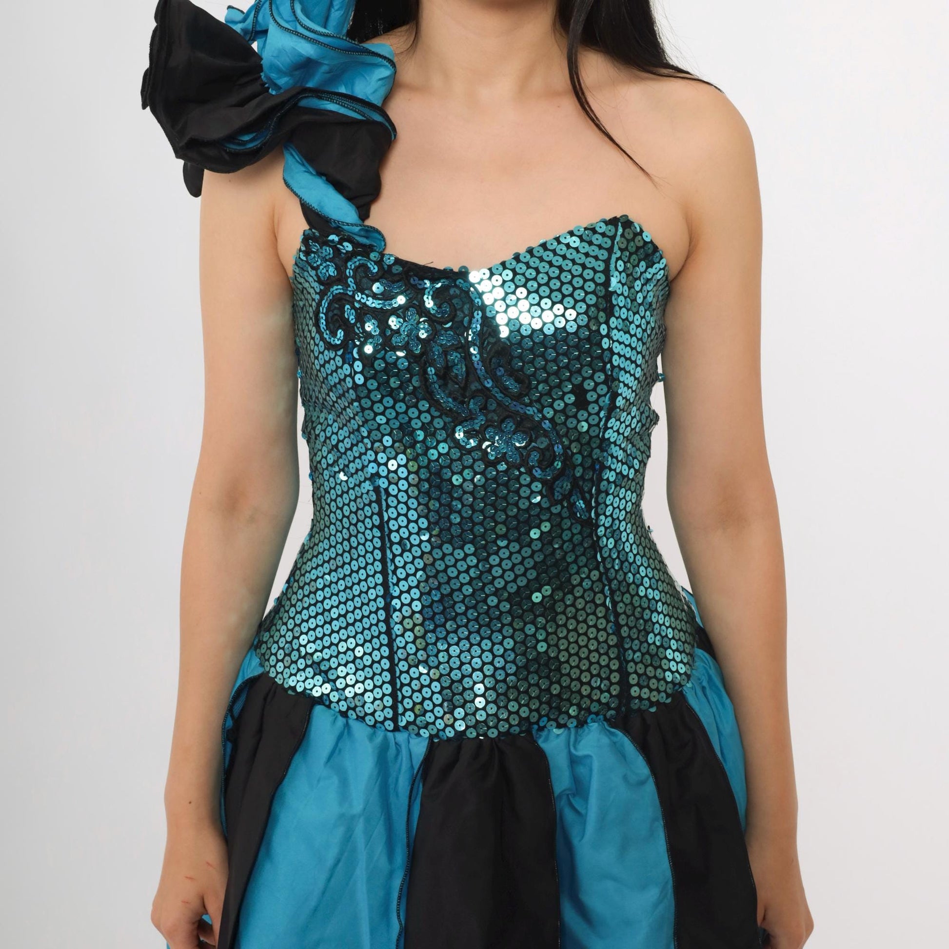 80s J Reynolds Designs Turquoise Sequin Strapless Dress Balloon Skirt Small
