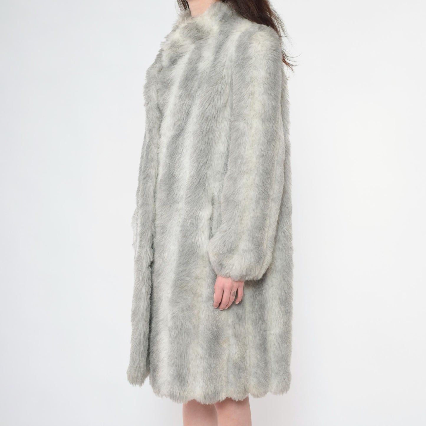 90s Grey Faux Fur Coat Hook Closure Winter Jacket Medium