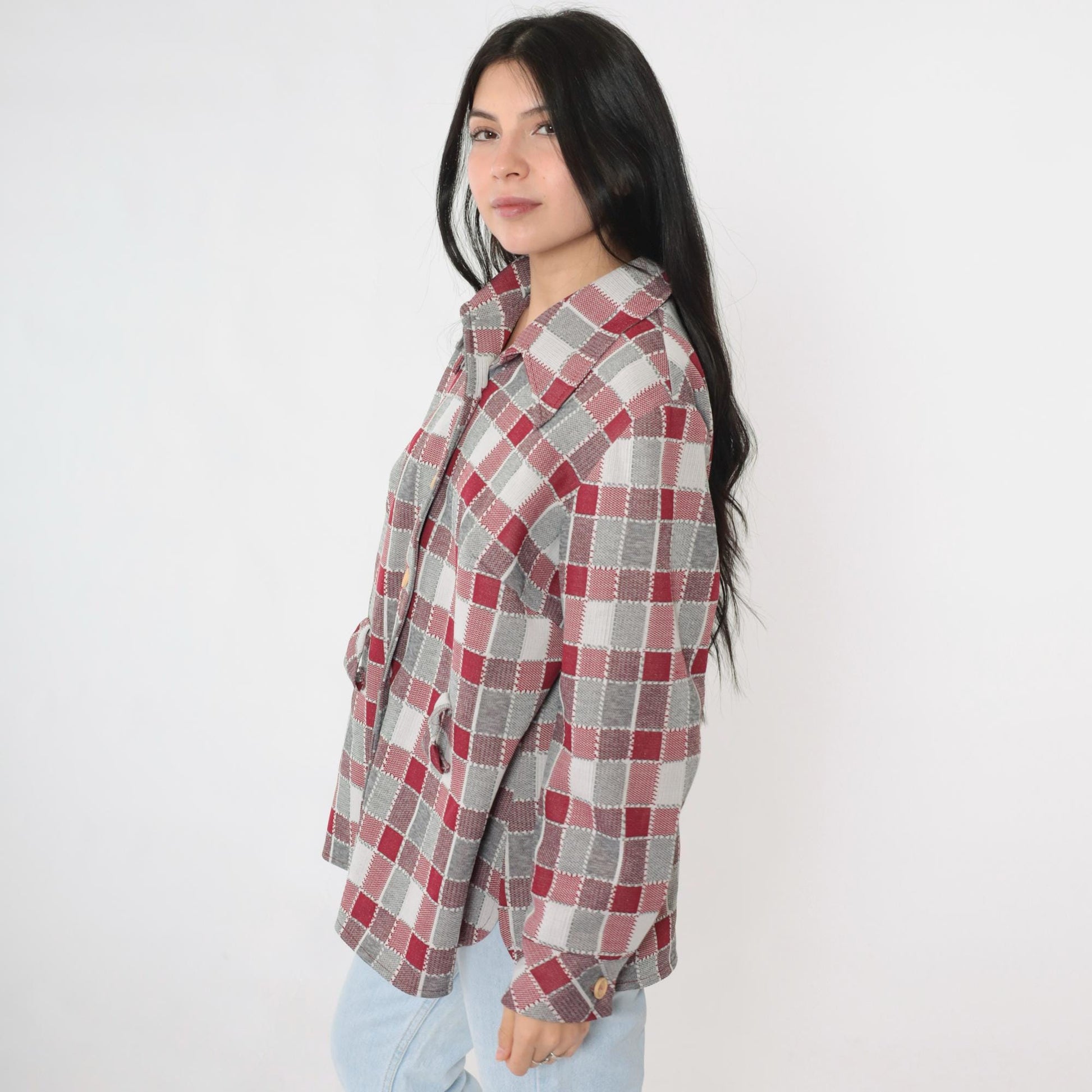 70s Grey Burgundy Plaid Button-Up Shirt Long Sleeve Collared Blouse Extra Large