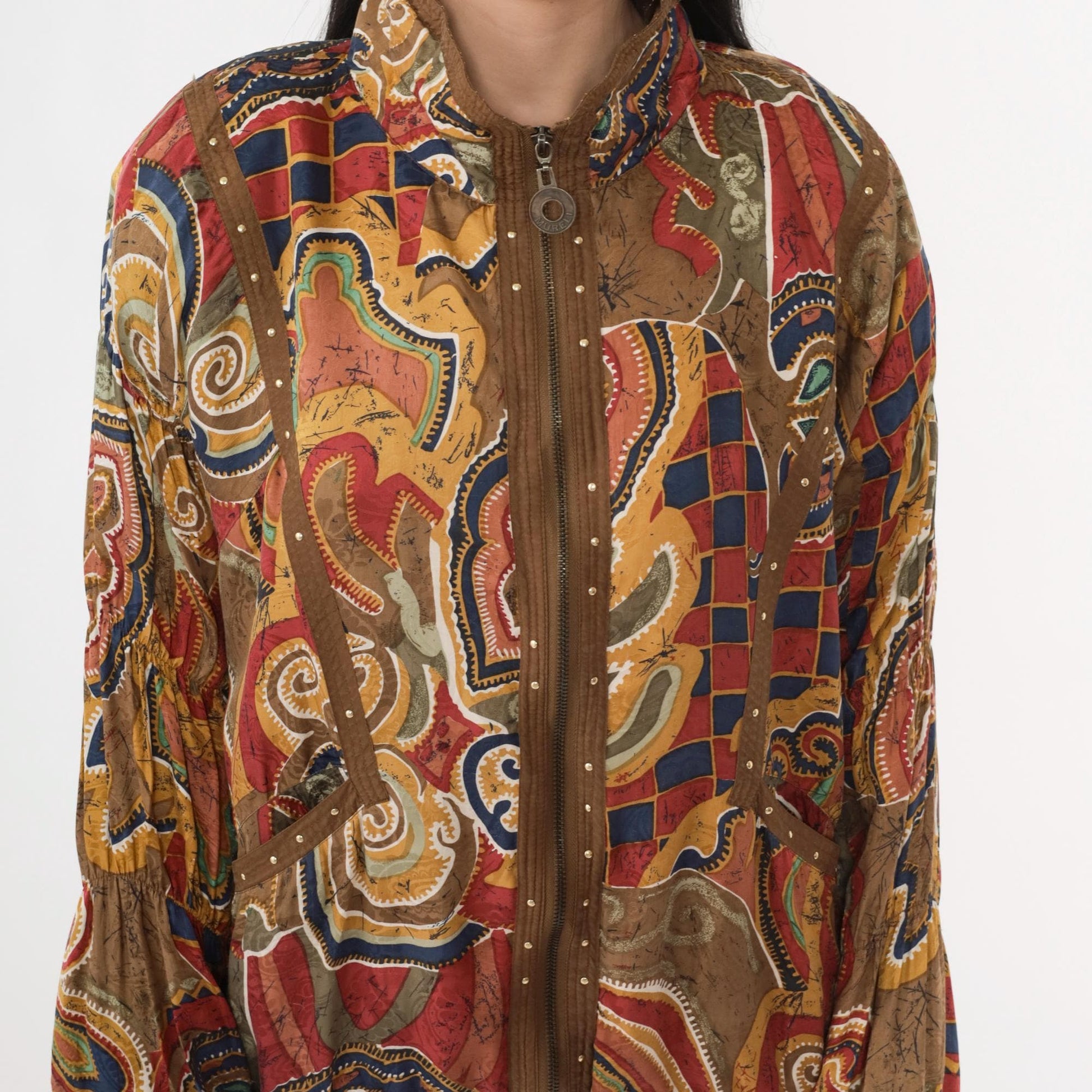 90s Mureli Silk Windbreaker Jacket Abstract Leaf Print Brown Studded Medium M