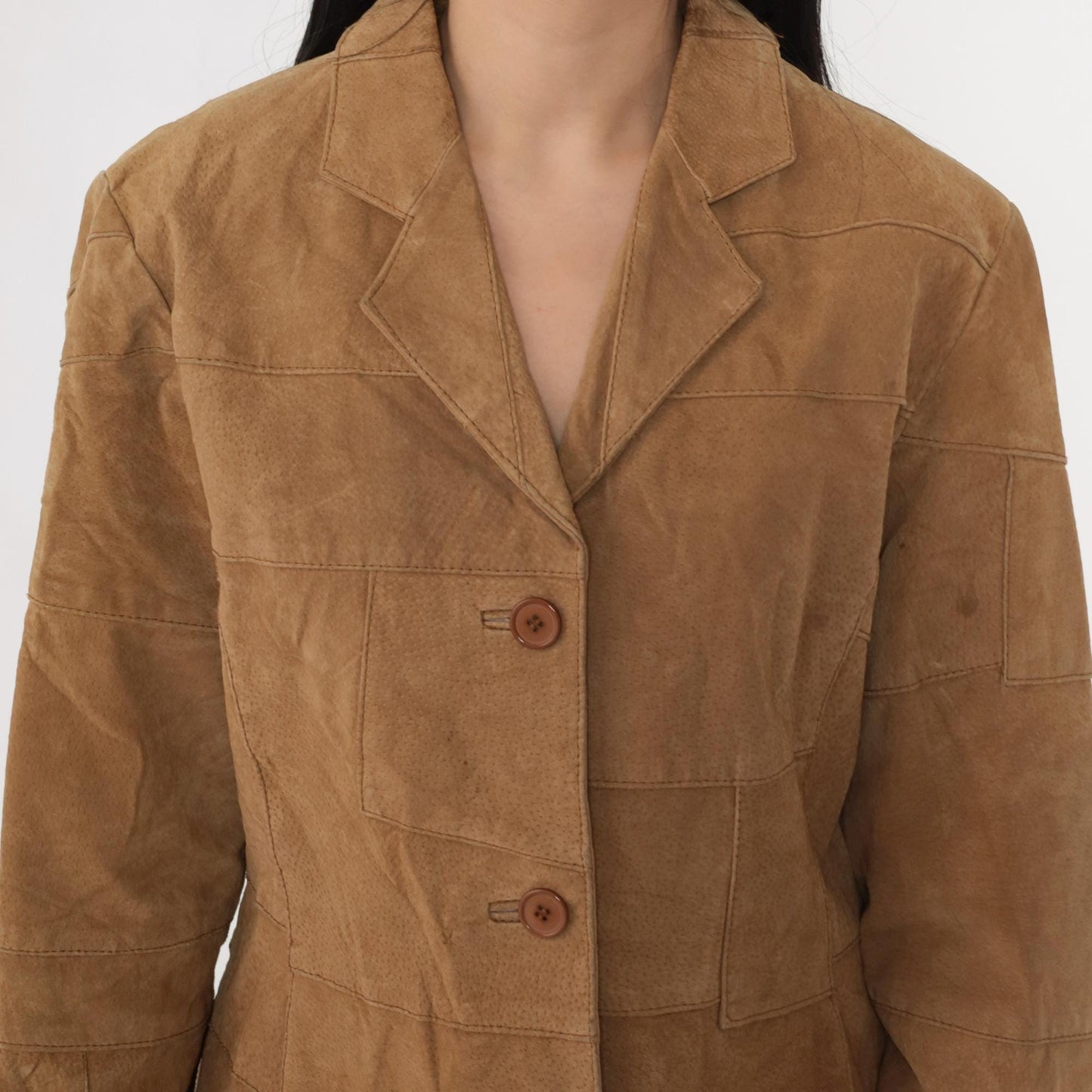 Y2K Tan Suede Leather Jacket Button Front Blazer Medium M