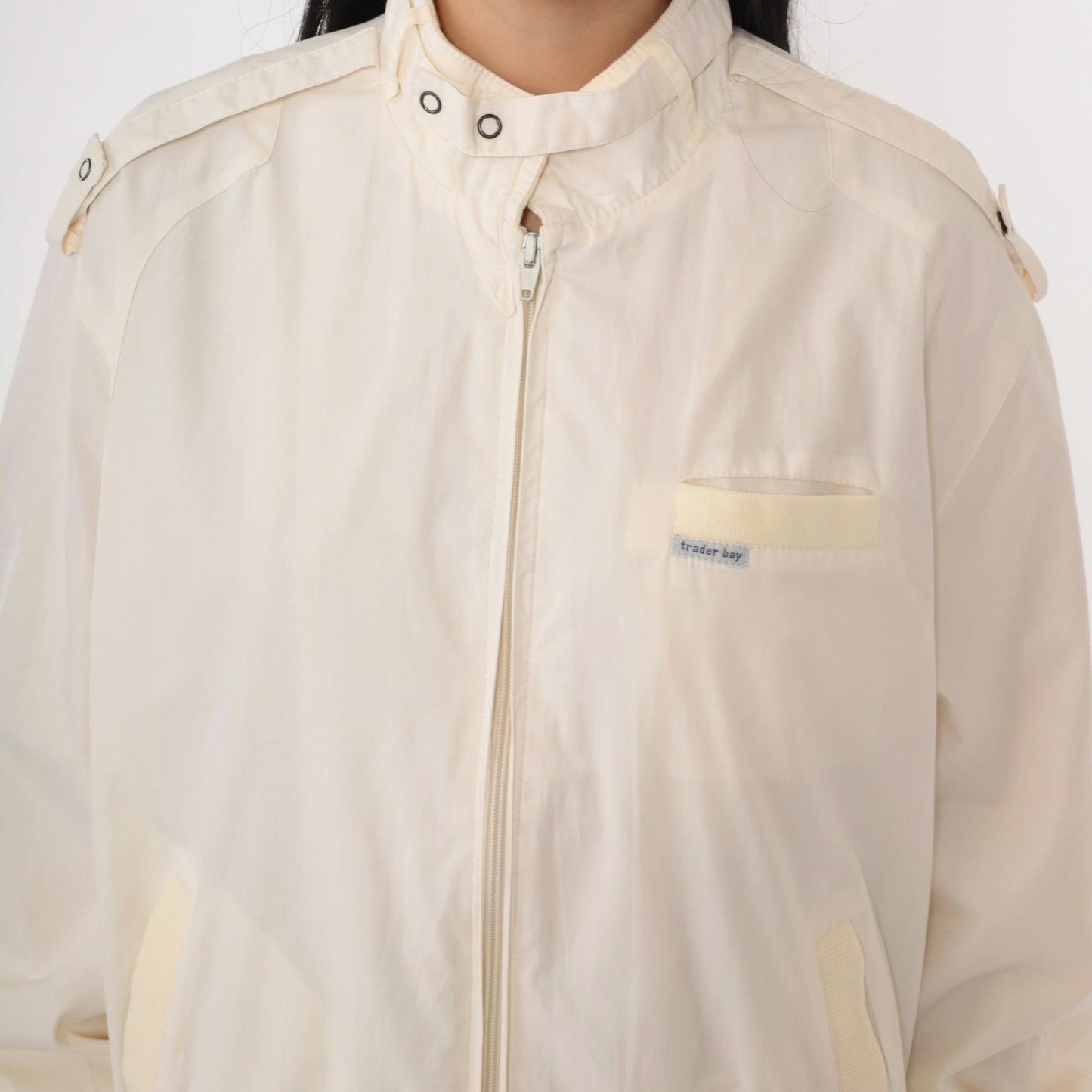 80s Cafe Racer Jacket Ivory Bomber Windbreaker Yellow Trim Epaulette Large L