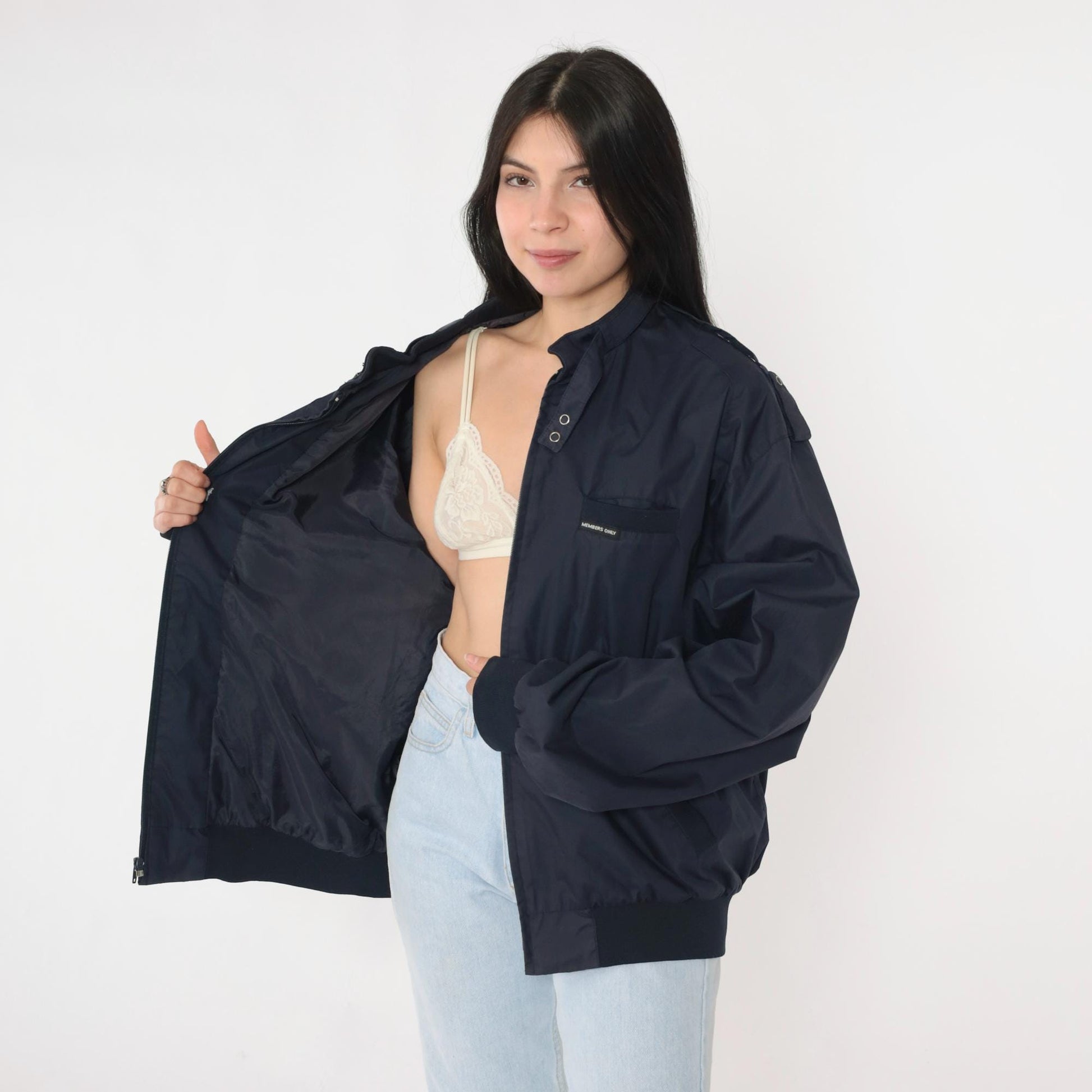 90s Members Only Navy Bomber Jacket Zip Windbreaker Epaulette Extra Large