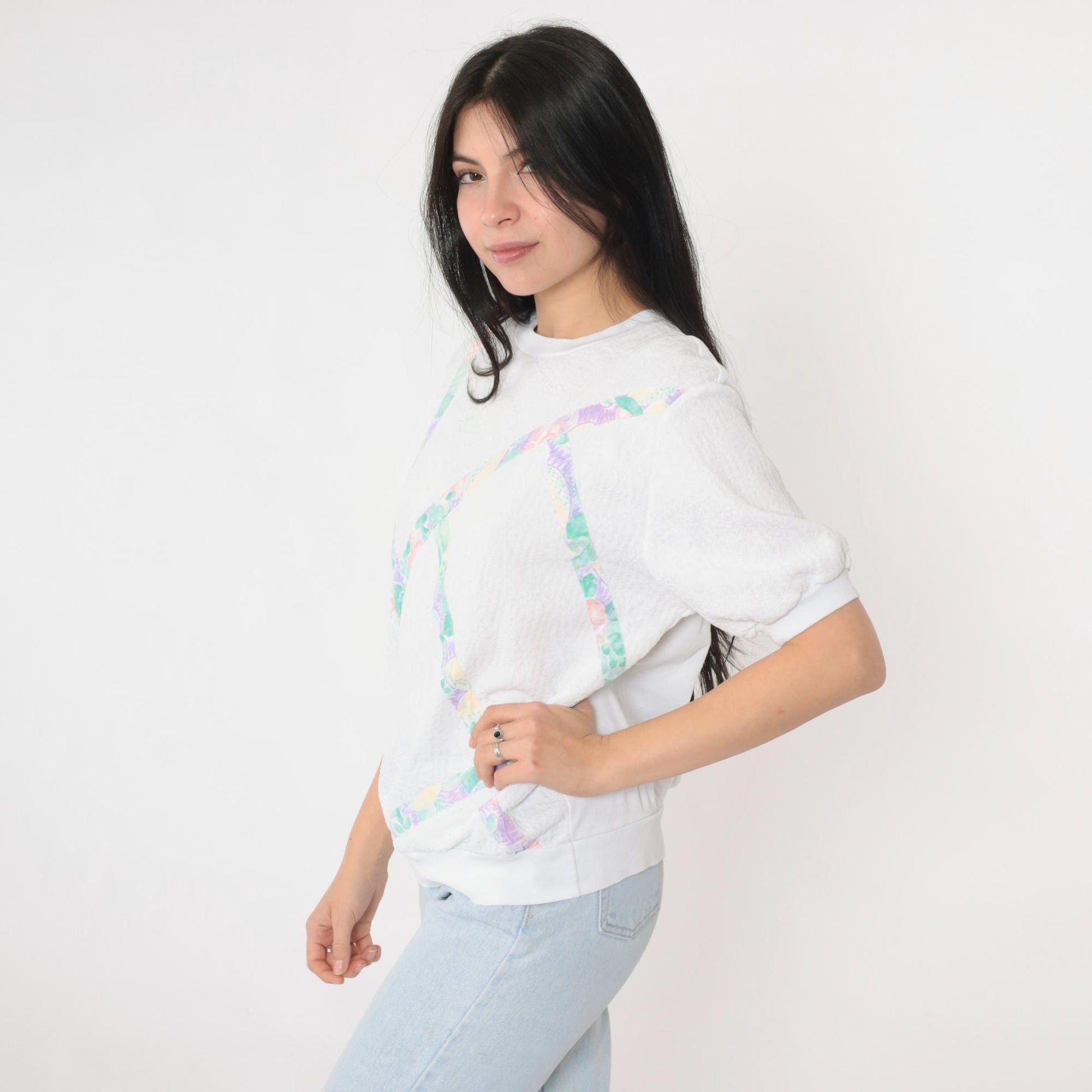 90s White Fruit Print Striped Short Sleeve Shirt Banded Hem Medium