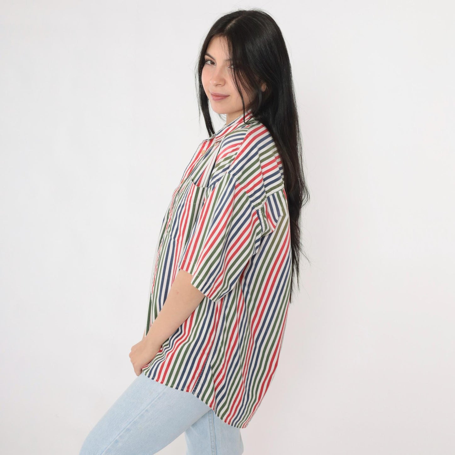 90s Appalachian Trail Striped Cotton Button-Up Shirt Green Blue Red Men's Large