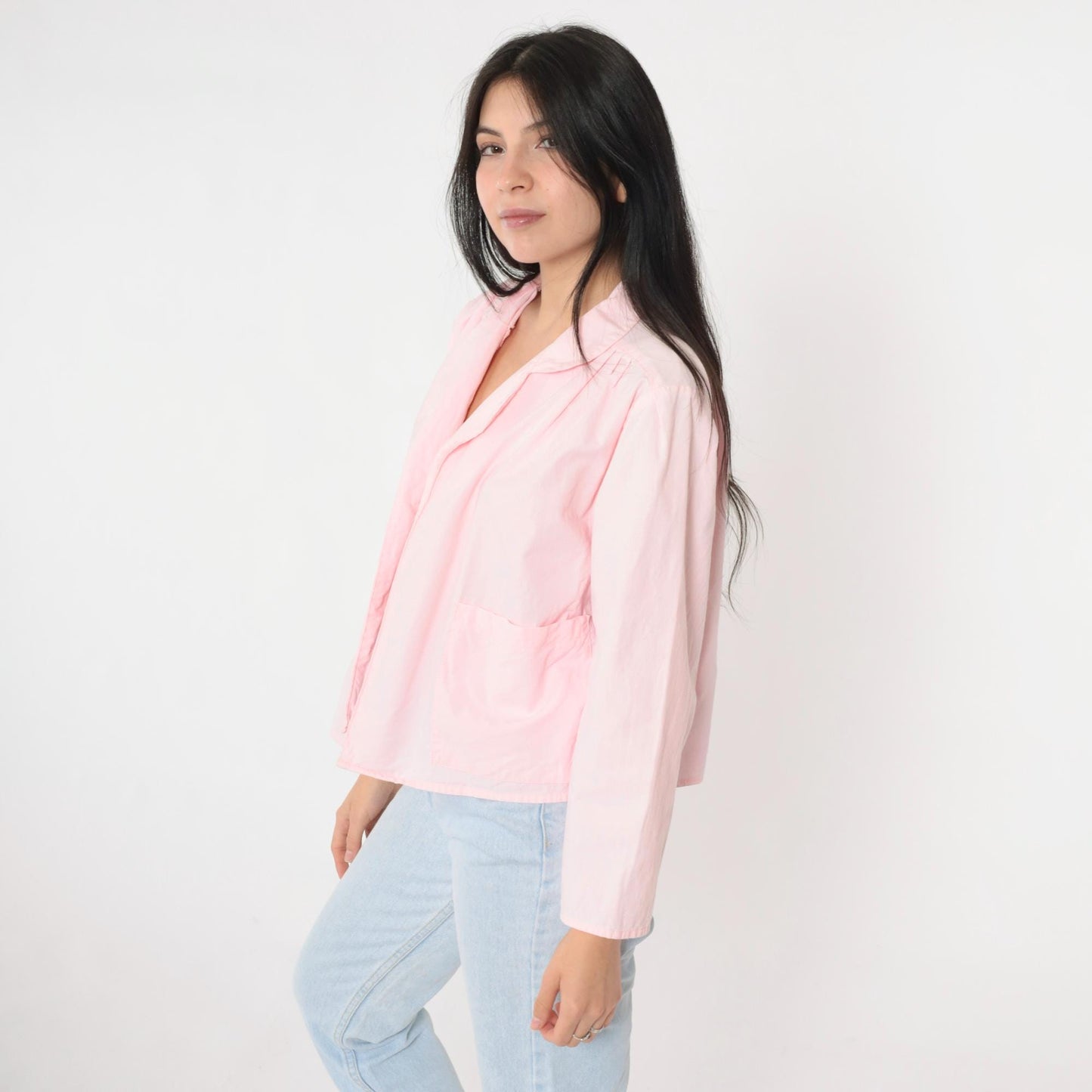 80s Liberated Lady Baby Pink Cotton Open Front Blazer Medium