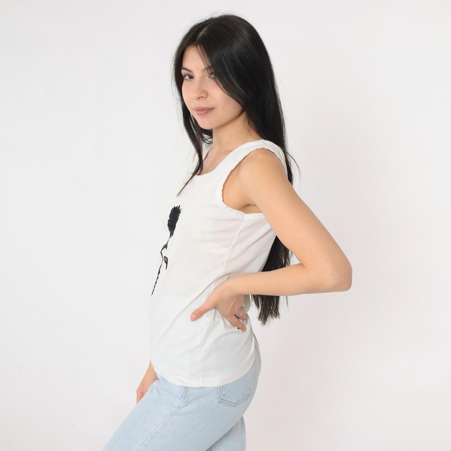 70s White Tank Top Black Yellow Floral Embroidered Rose Scoop Neck Extra Small