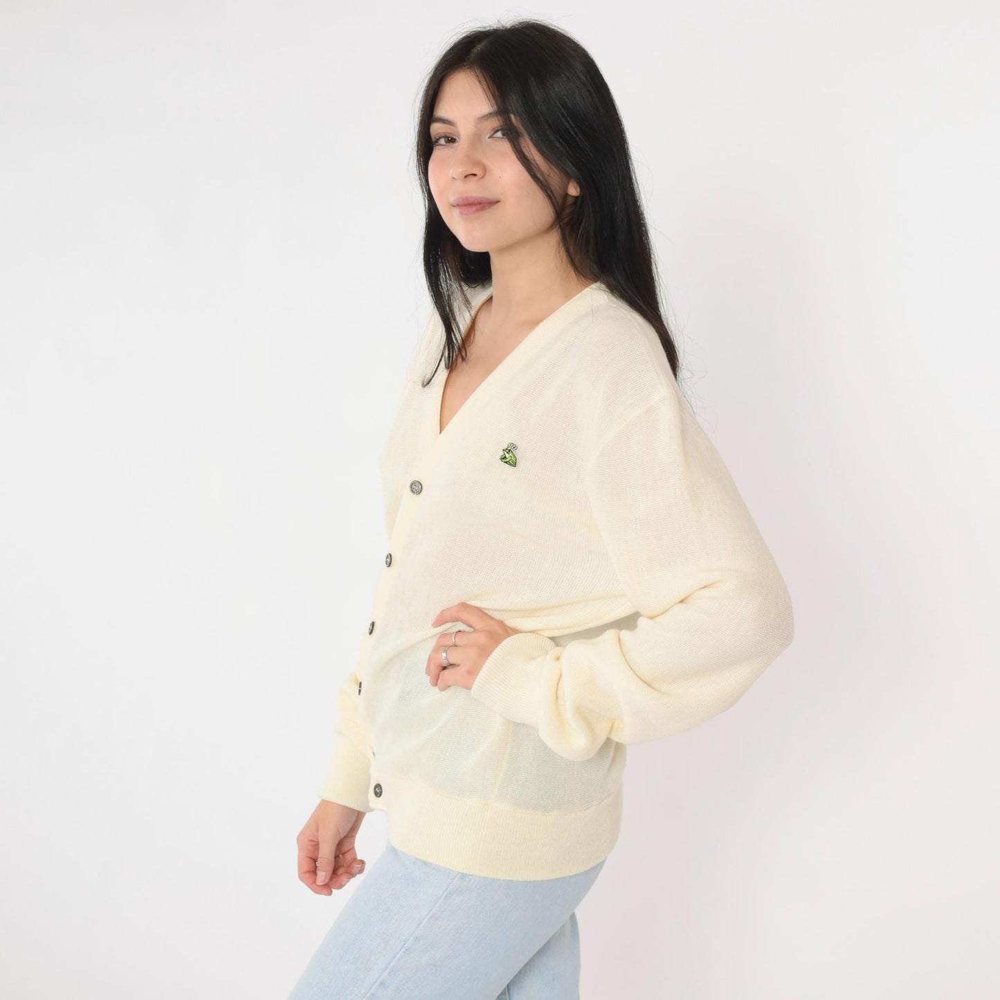 80s Van Cort Cream Cardigan Sweater Crowned Frog Emblem V-Neck Large L