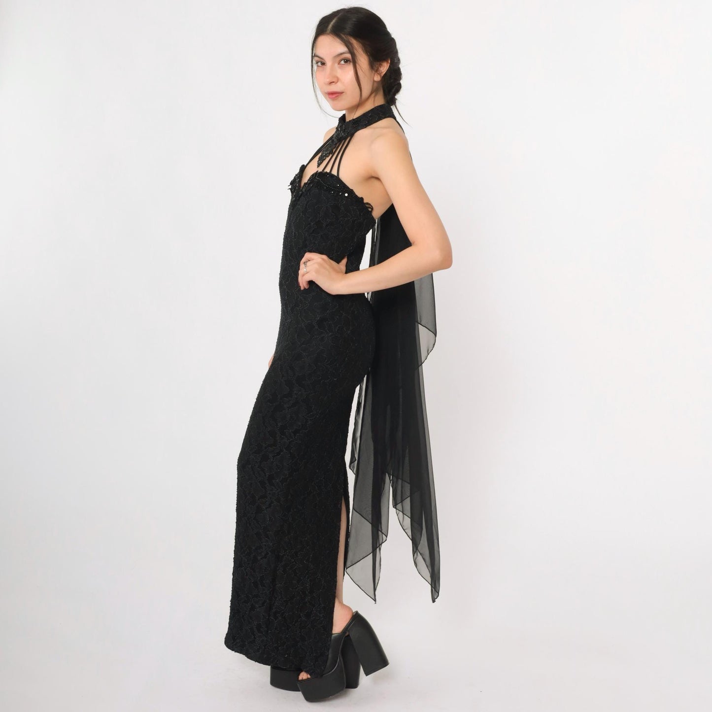 90s Black Lace Halter Maxi Gown Beaded Choker Neck Bodycon Train Medium