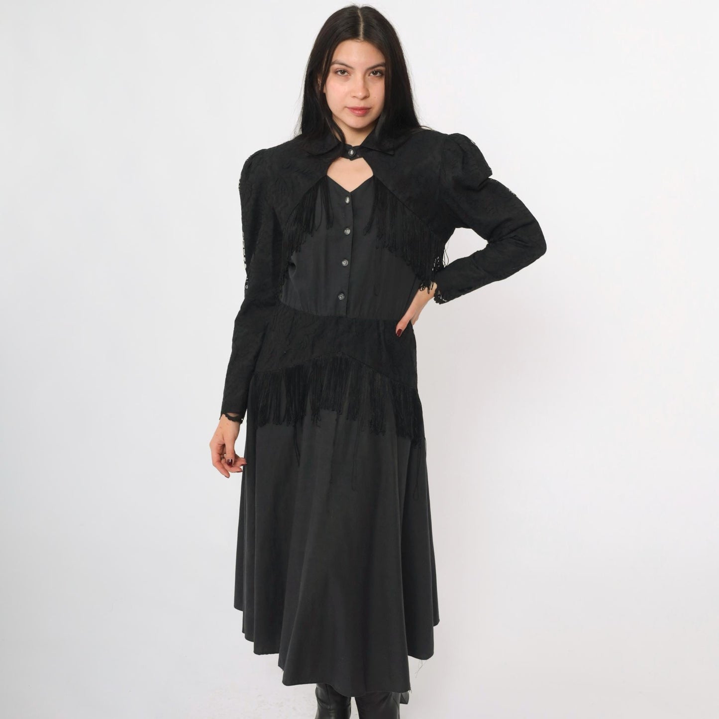 80s Lilia Smitty Western Midi Dress Black Fringe Cotton Puff Sleeve Small