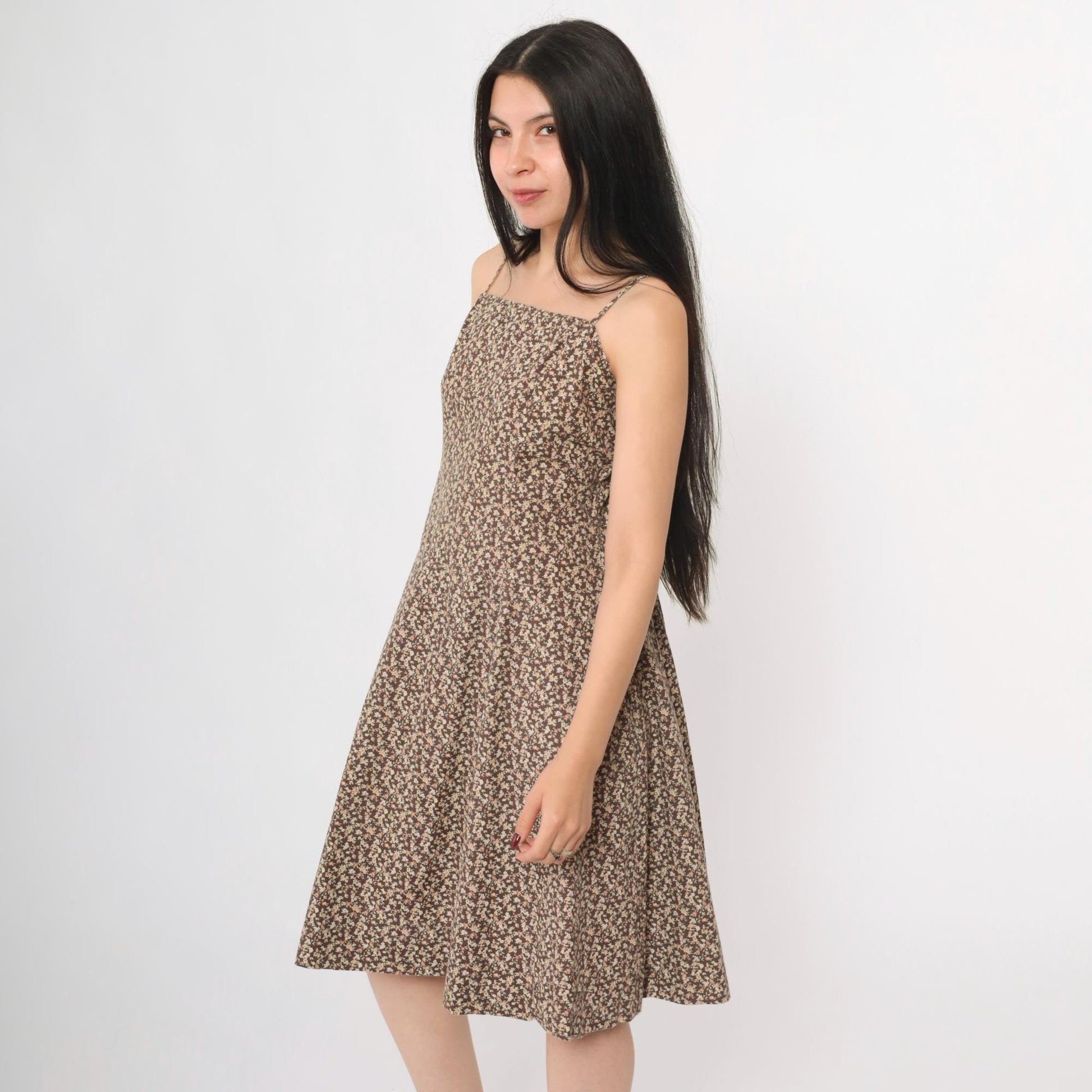 90s Brown Calico Floral A-Line Spaghetti Strap Dress Knee Length Medium