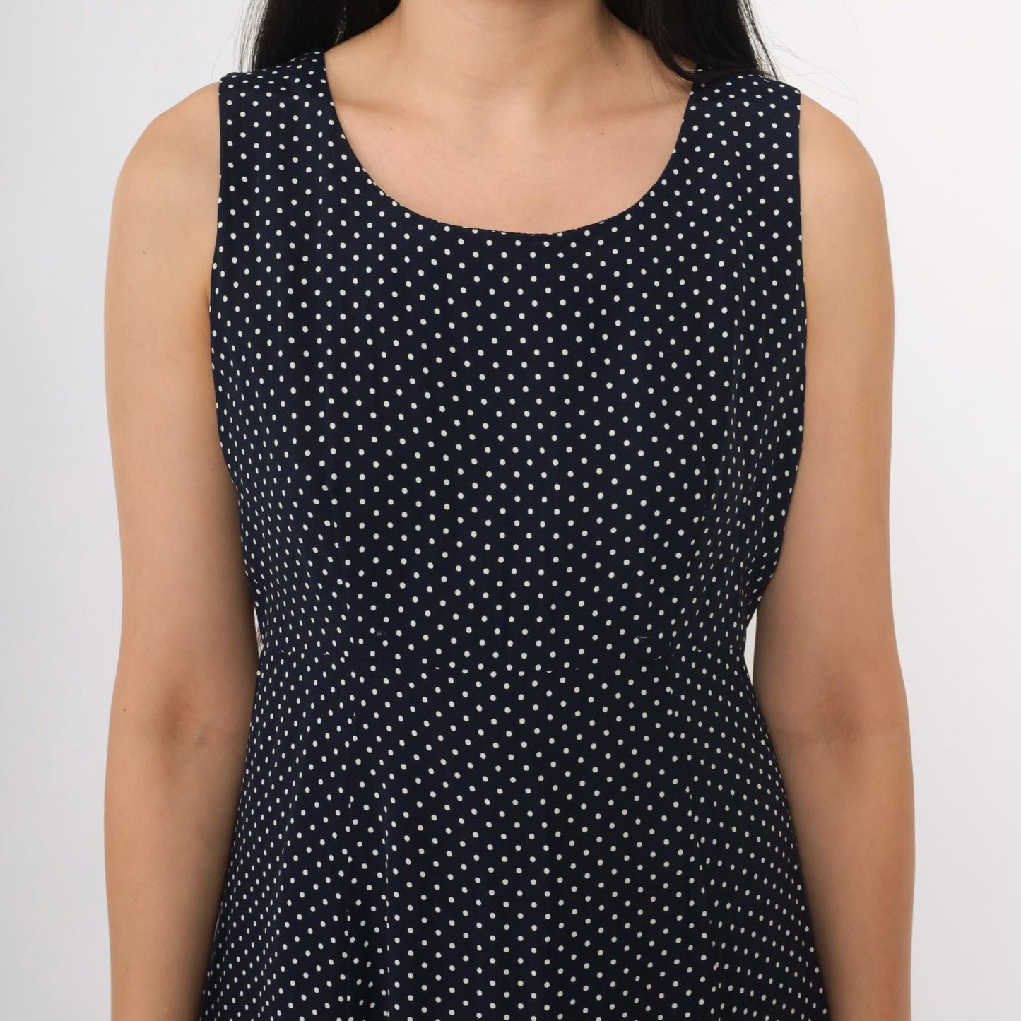 90s Navy Polka Dot Midi Dress Sleeveless High Waist Button Back Small