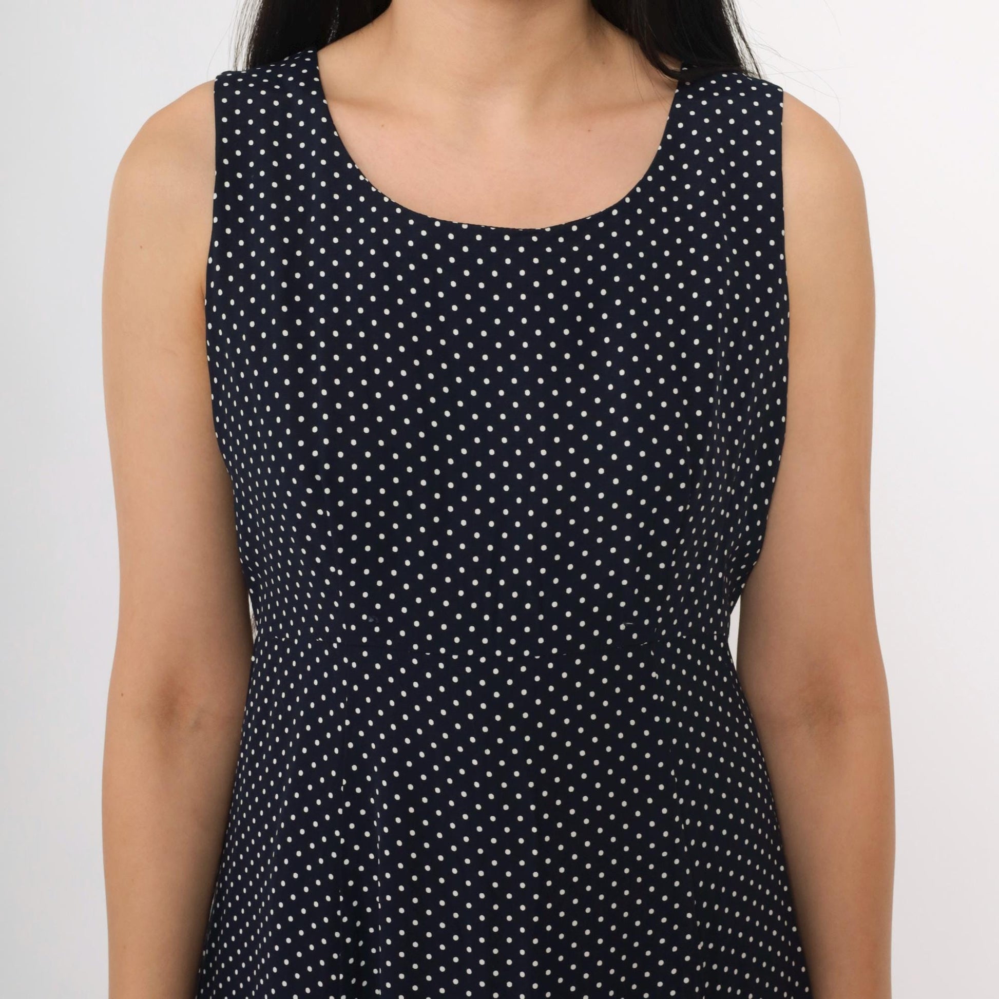 90s Navy Polka Dot Midi Dress Sleeveless High Waist Button Back Small