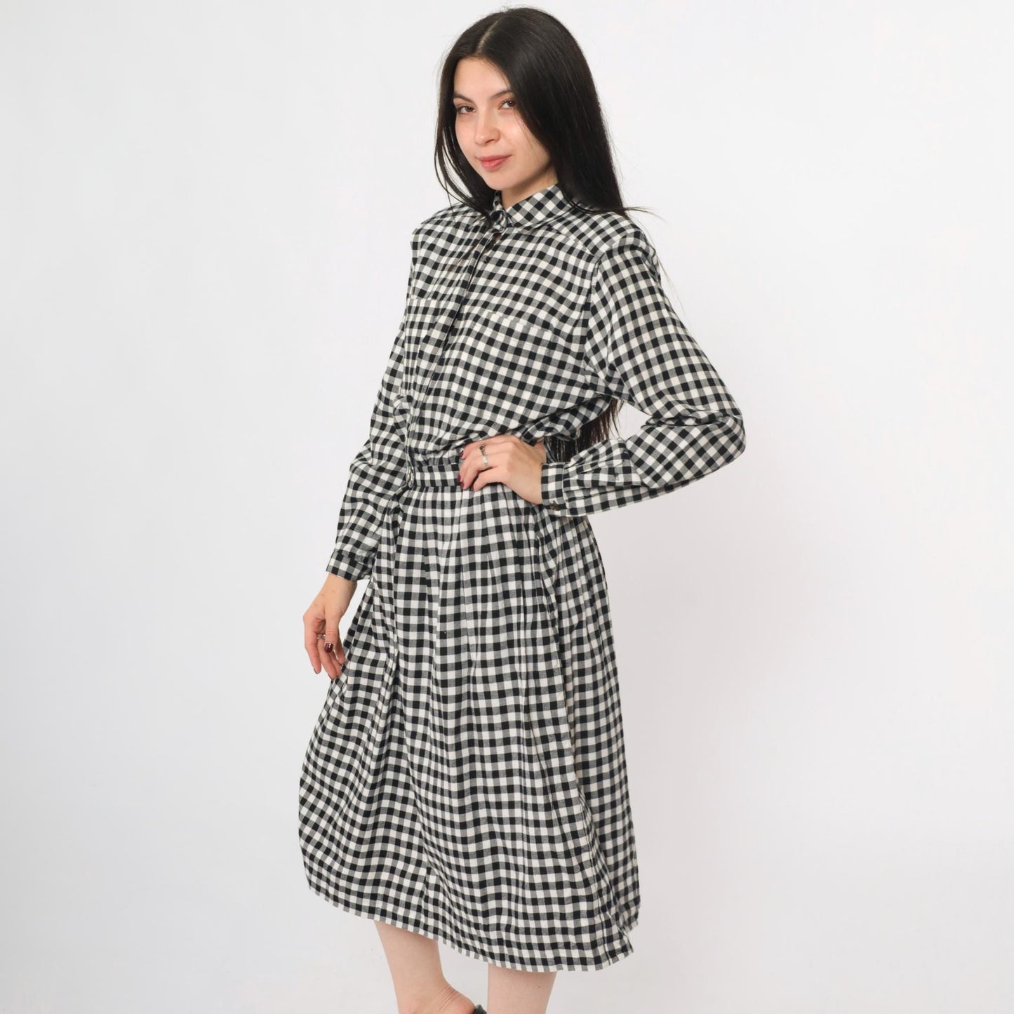 80s Charter Club Gingham Shirt Dress Black White Midi Cotton Small