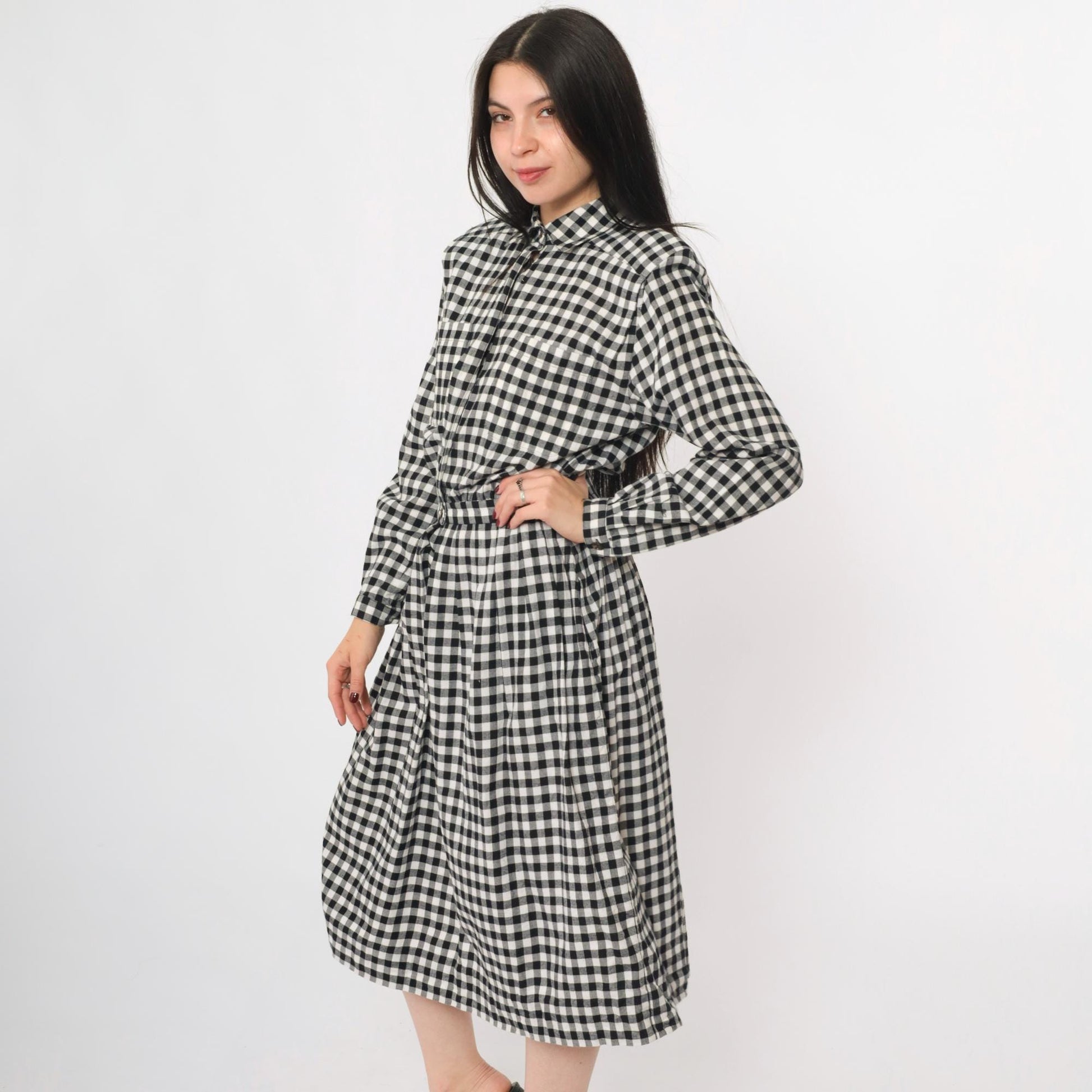 80s Charter Club Gingham Shirt Dress Black White Midi Cotton Small