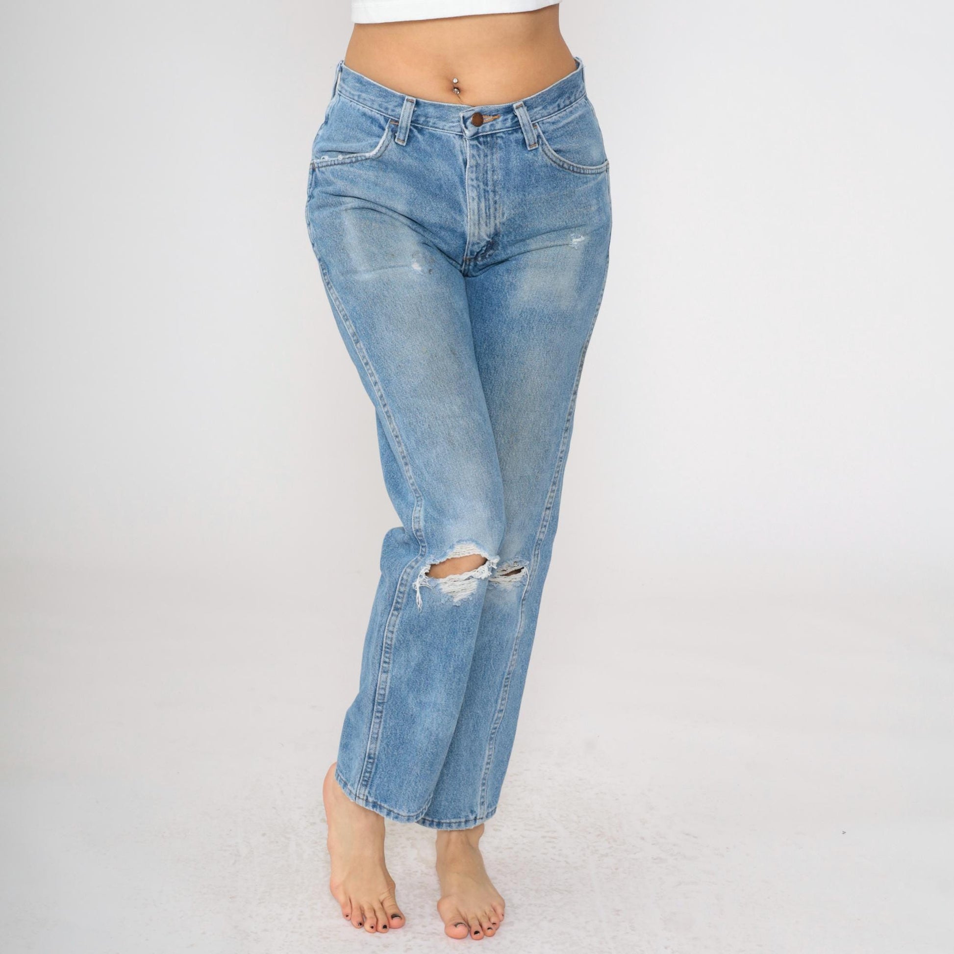 00s Rustler Faded Blue Straight Leg Jeans High Rise Ripped Small