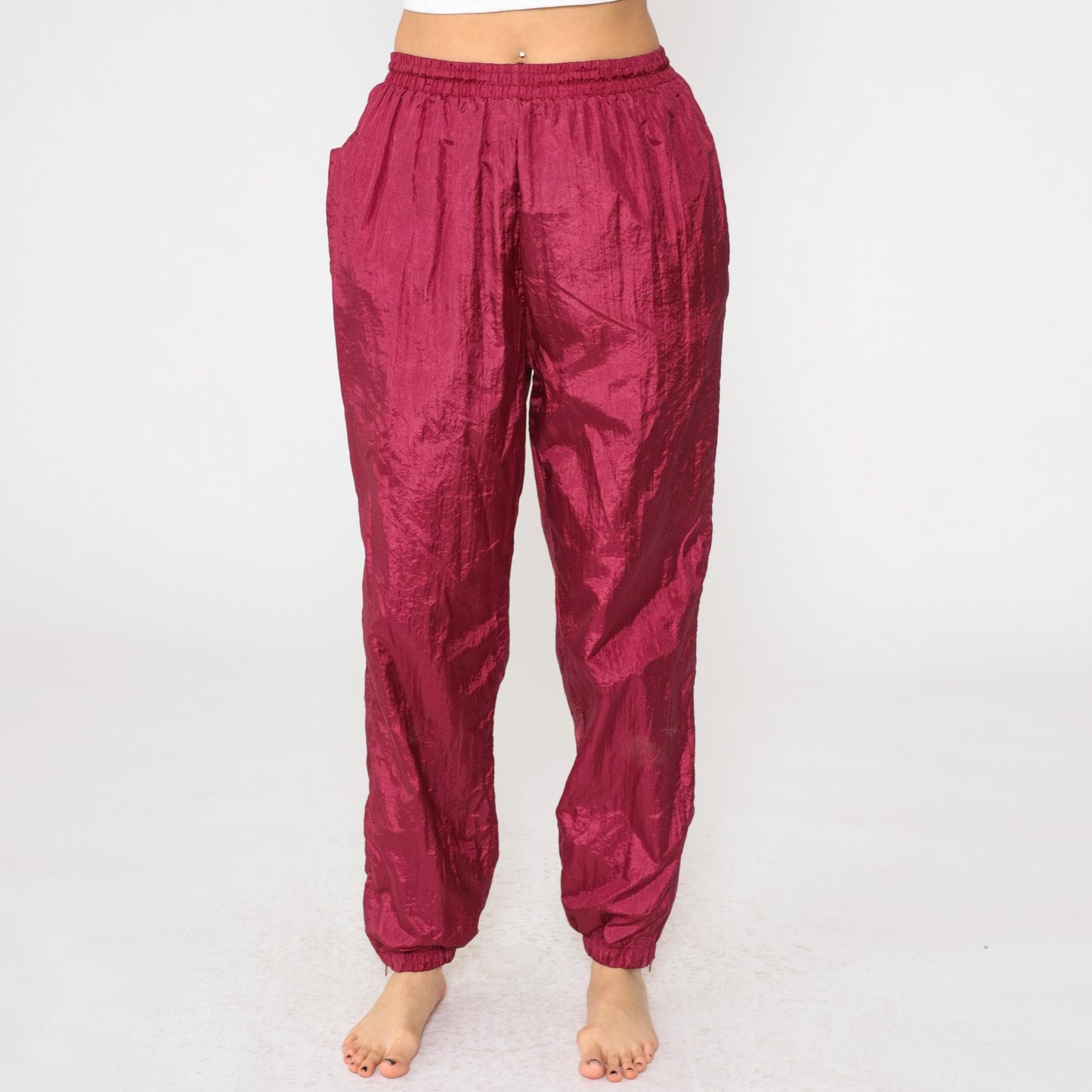 90s Burgundy Nylon Track Pants Drawstring Waist Small