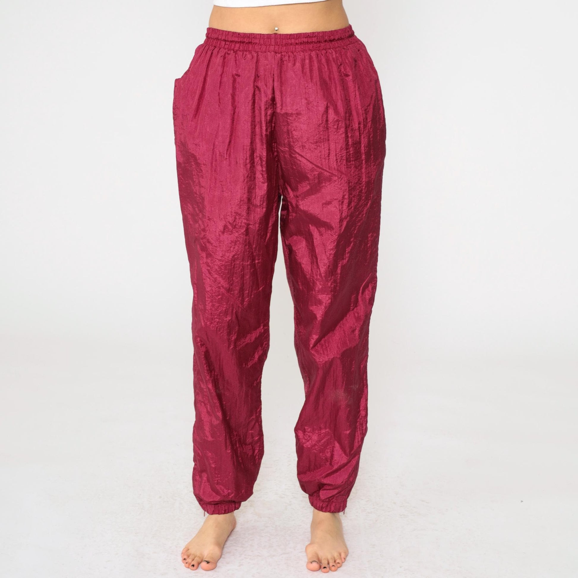 90s Burgundy Nylon Track Pants Drawstring Waist Small