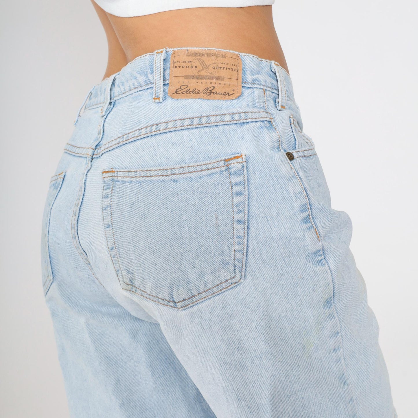 Y2K Eddie Bauer High-Waisted Denim Shorts Blue Paint Distressed Men's 34