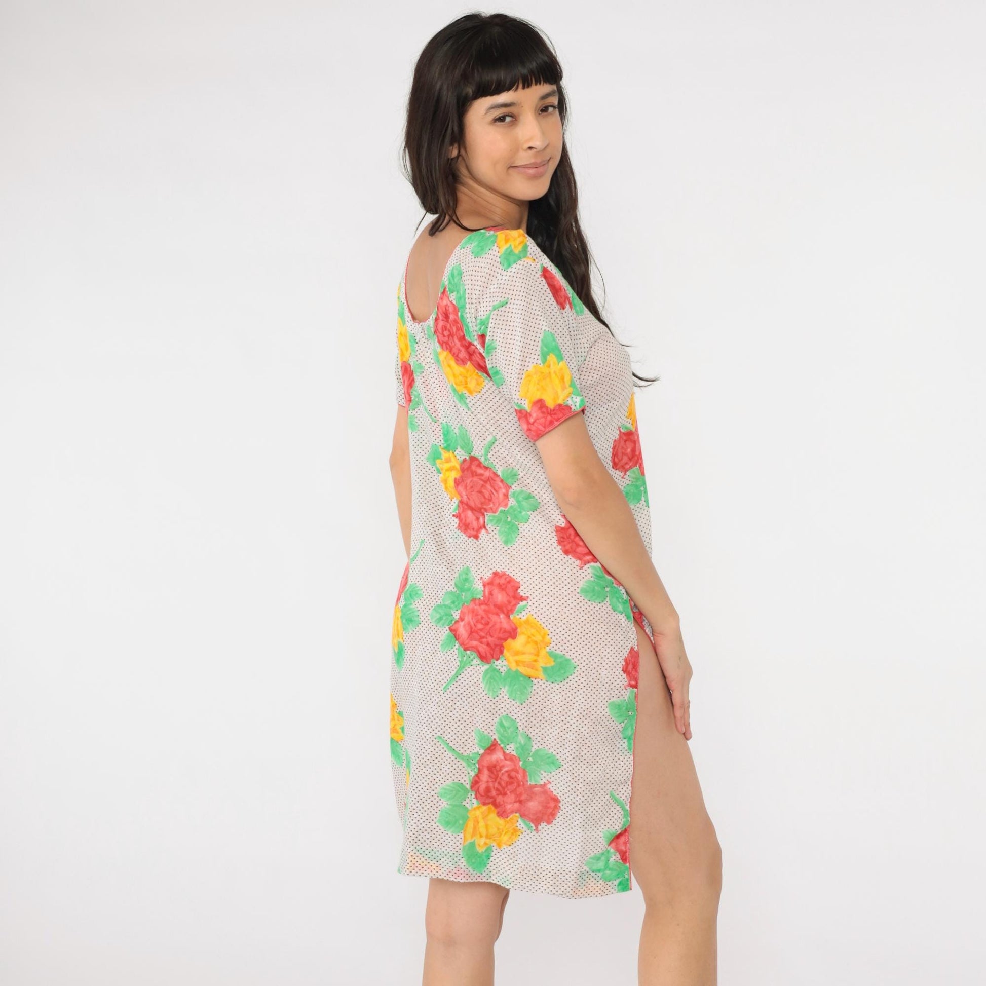 Y2K Polka Dot Floral Mini Dress Short Sleeve Shift Red Yellow Medium