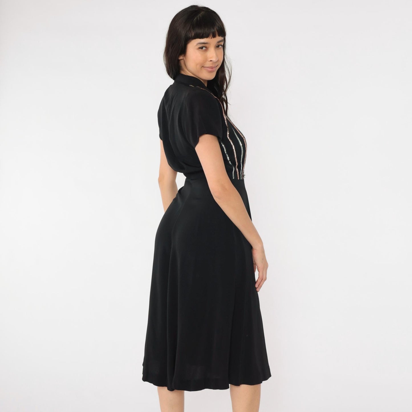 1950s Black Sequin Stripe Party Dress Midi Pleated Skirt Small S