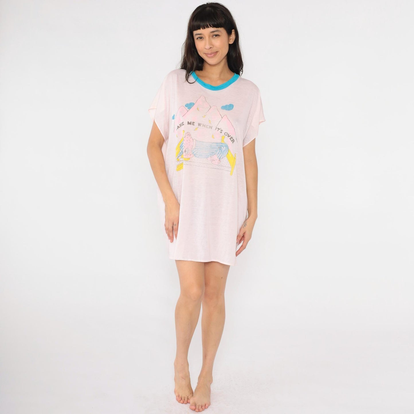 80s Teddy Bear Pajama Dress Wake Me When It's Over Ringer Nightgown Pink Small