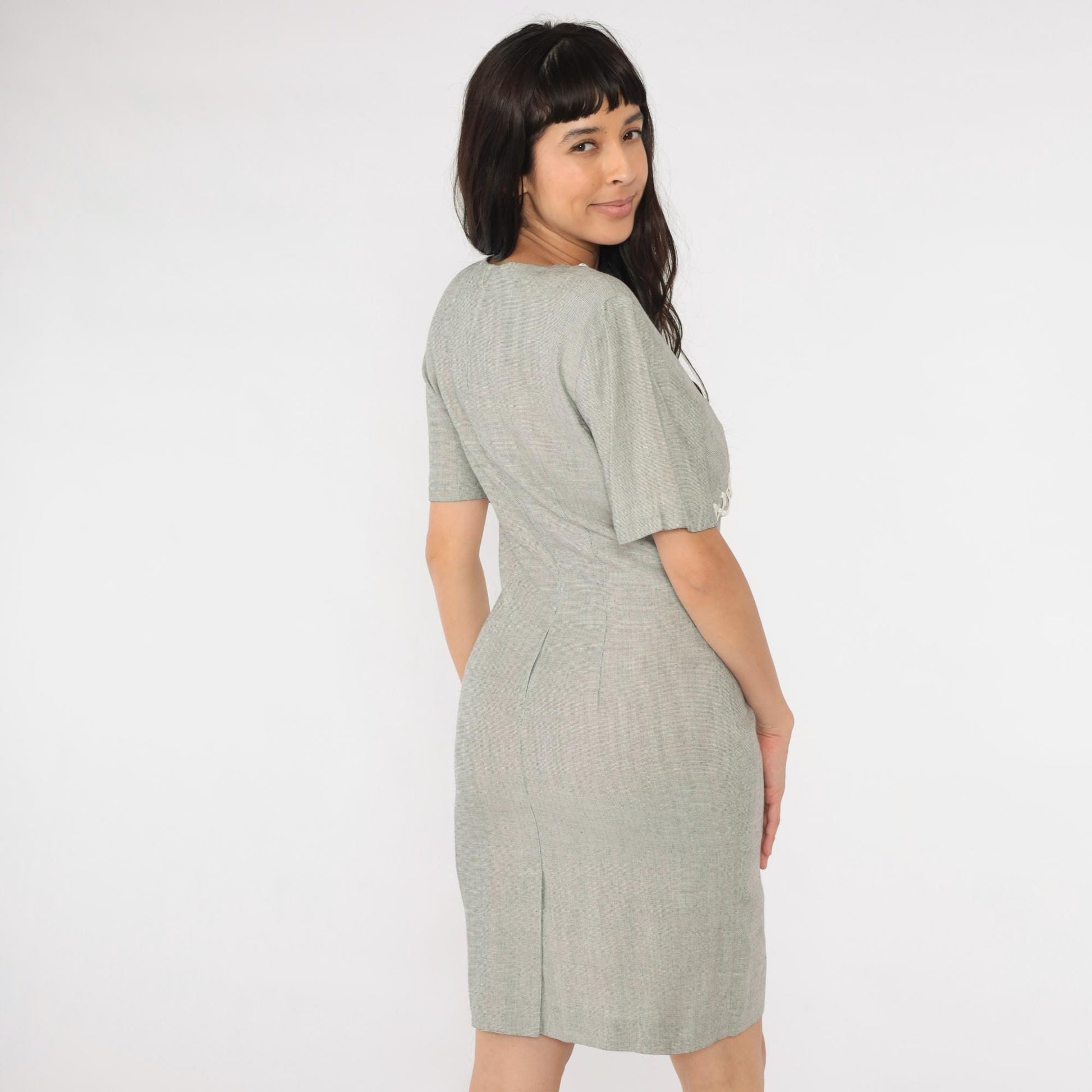 80s Grey Sheath Dress Pencil Silhouette Illusion Bolero Small