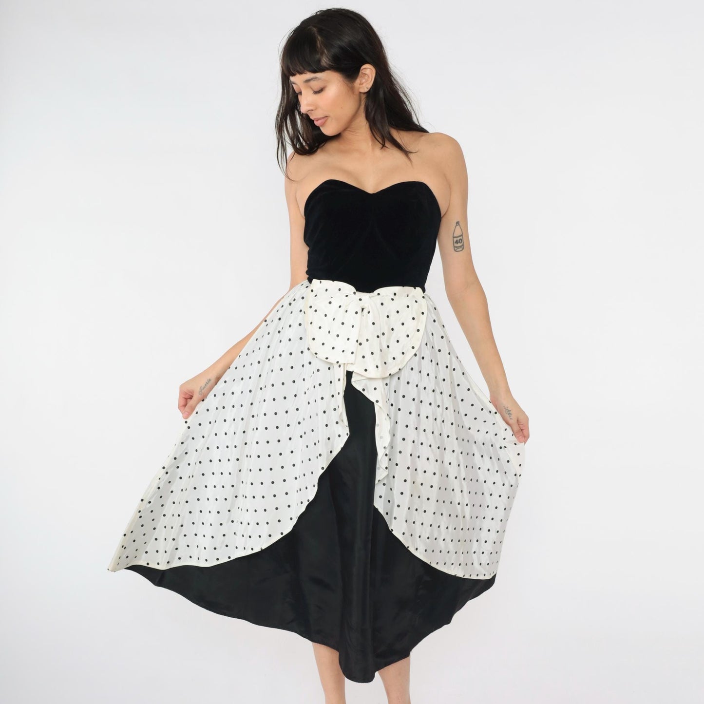 80s Yessica Strapless Velvet Polka Dot Midi Dress Sweetheart Neckline Black White Bow Extra Small