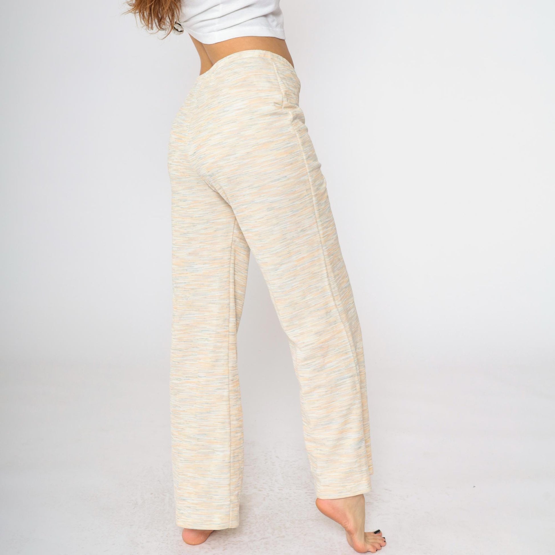 70s Flared Trousers High Waist Pull On Heathered Peach Orange Teal Small