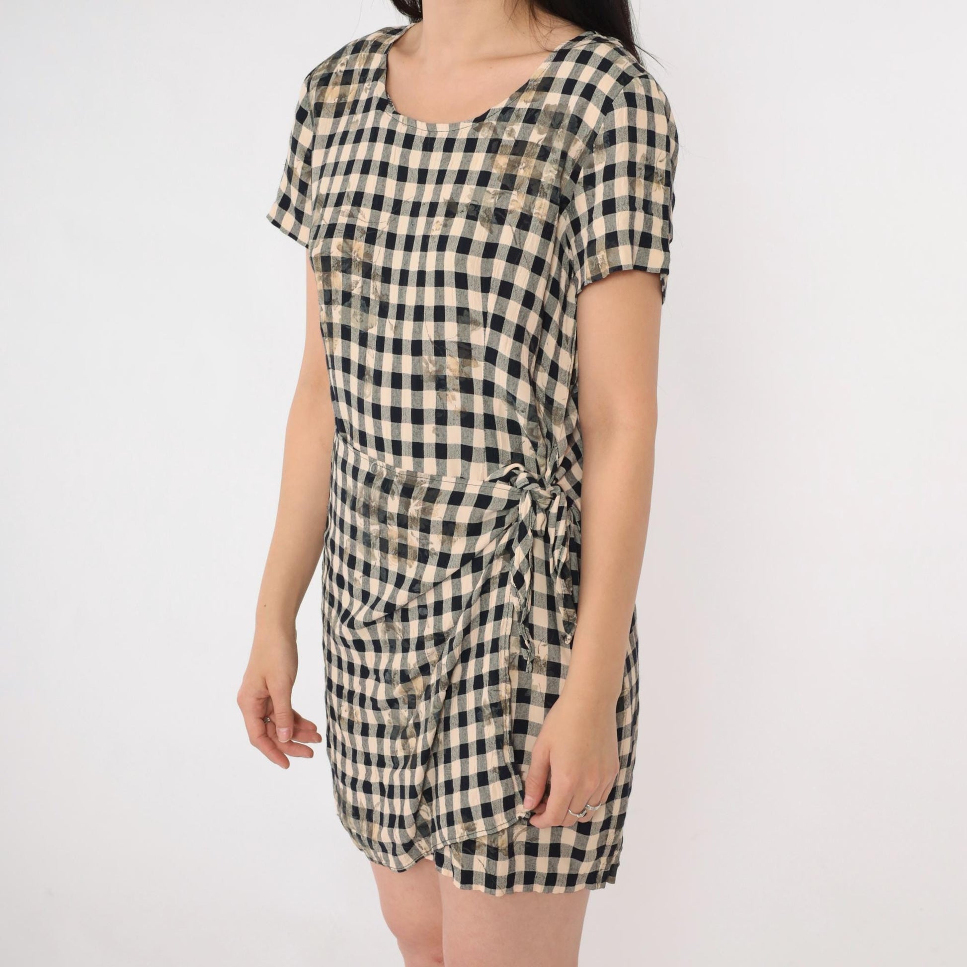 90s Black Beige Checkered Floral Mini Dress Wrap Panel Short Sleeve Small S