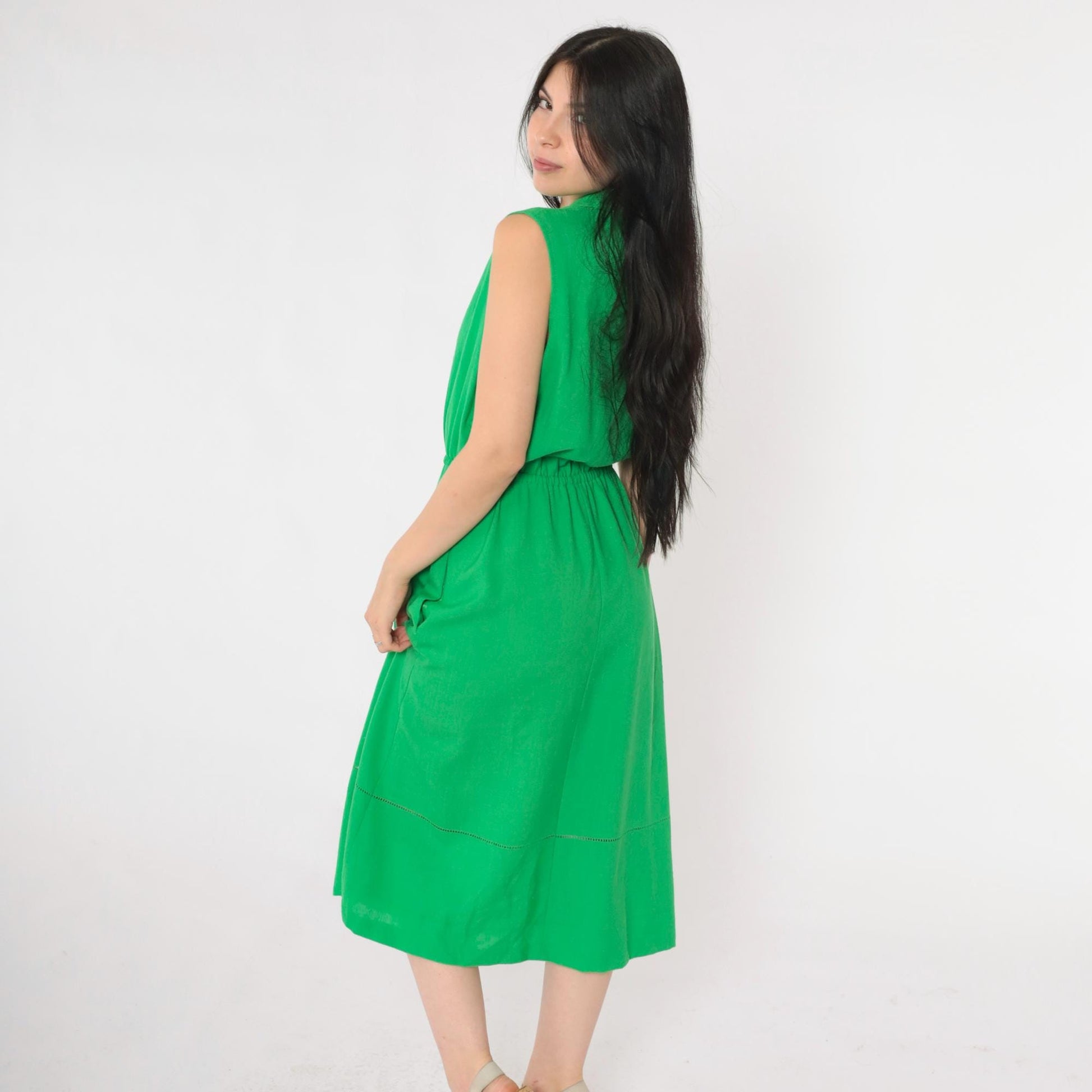 80s Green Linen Midi Dress Collared Button-Up Eyelet Cutwork Small