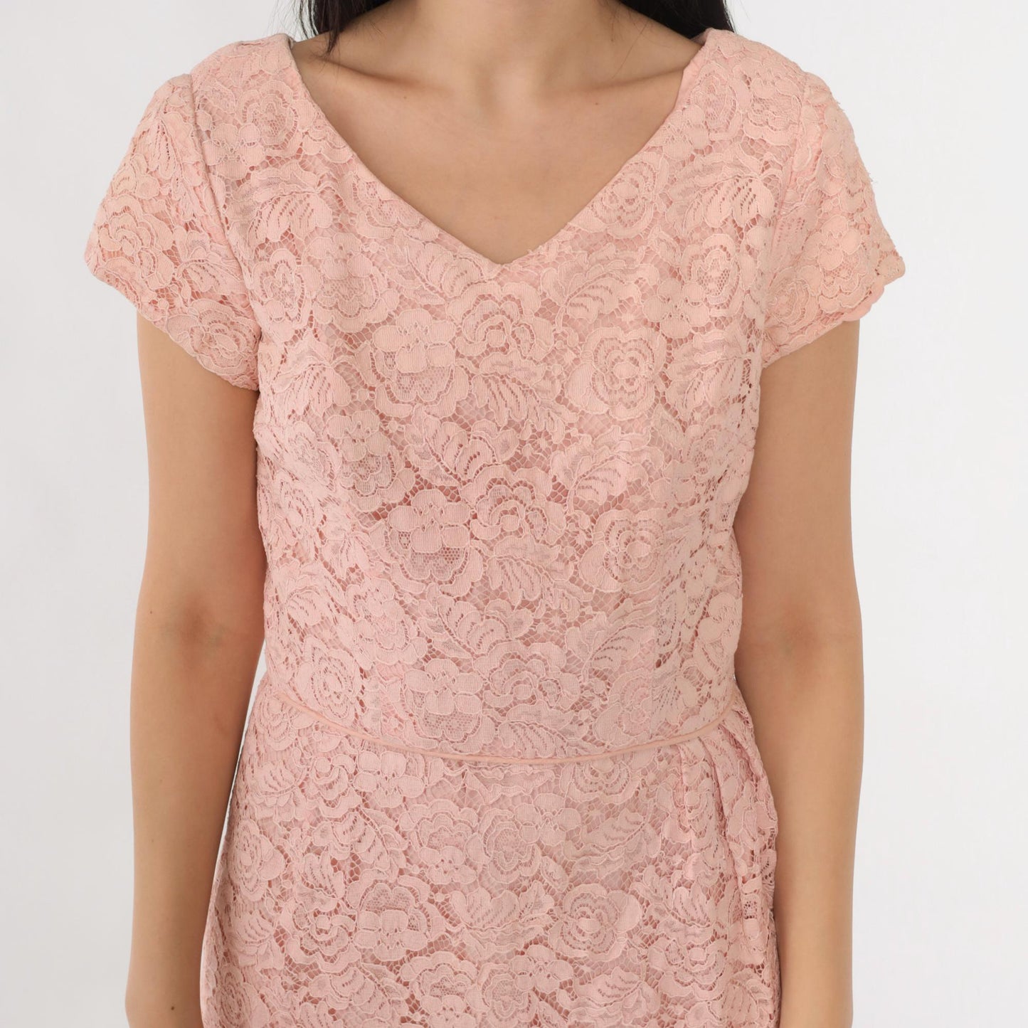 1960s Pink Lace Cocktail Dress V Neck High Waist Knee Length Small