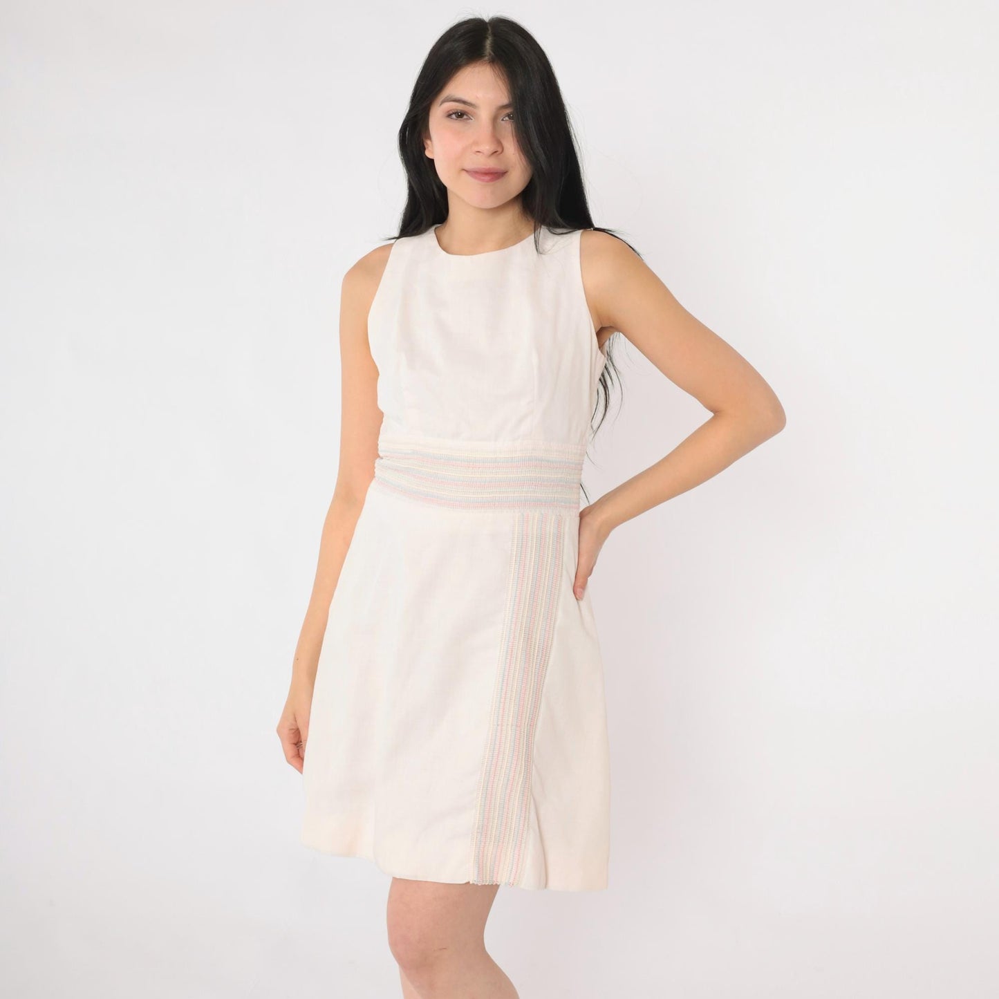 60s Mod Striped Mini Dress White Pastel High Waist Sleeveless A-Line Extra Small