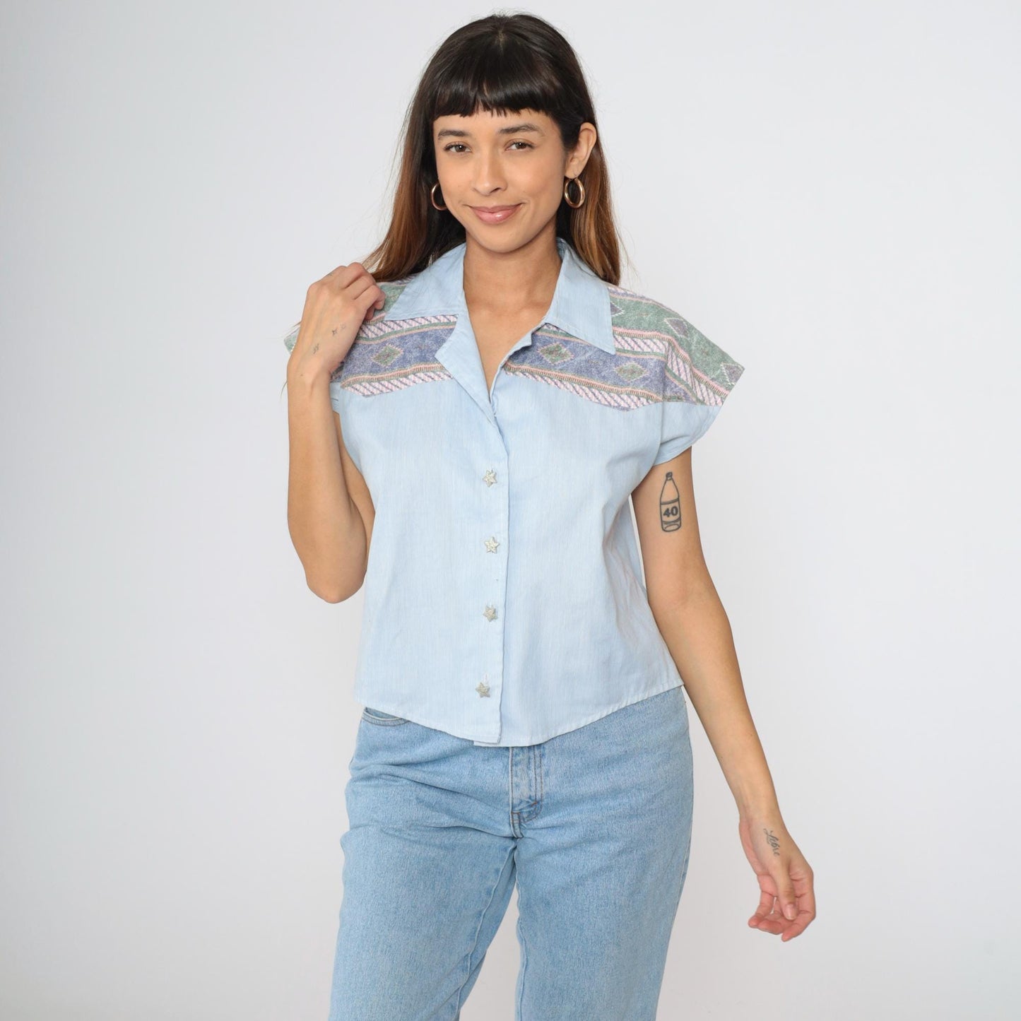 90s Southwestern Blue Striped Button-Up Blouse Star Print Cap Sleeve Medium