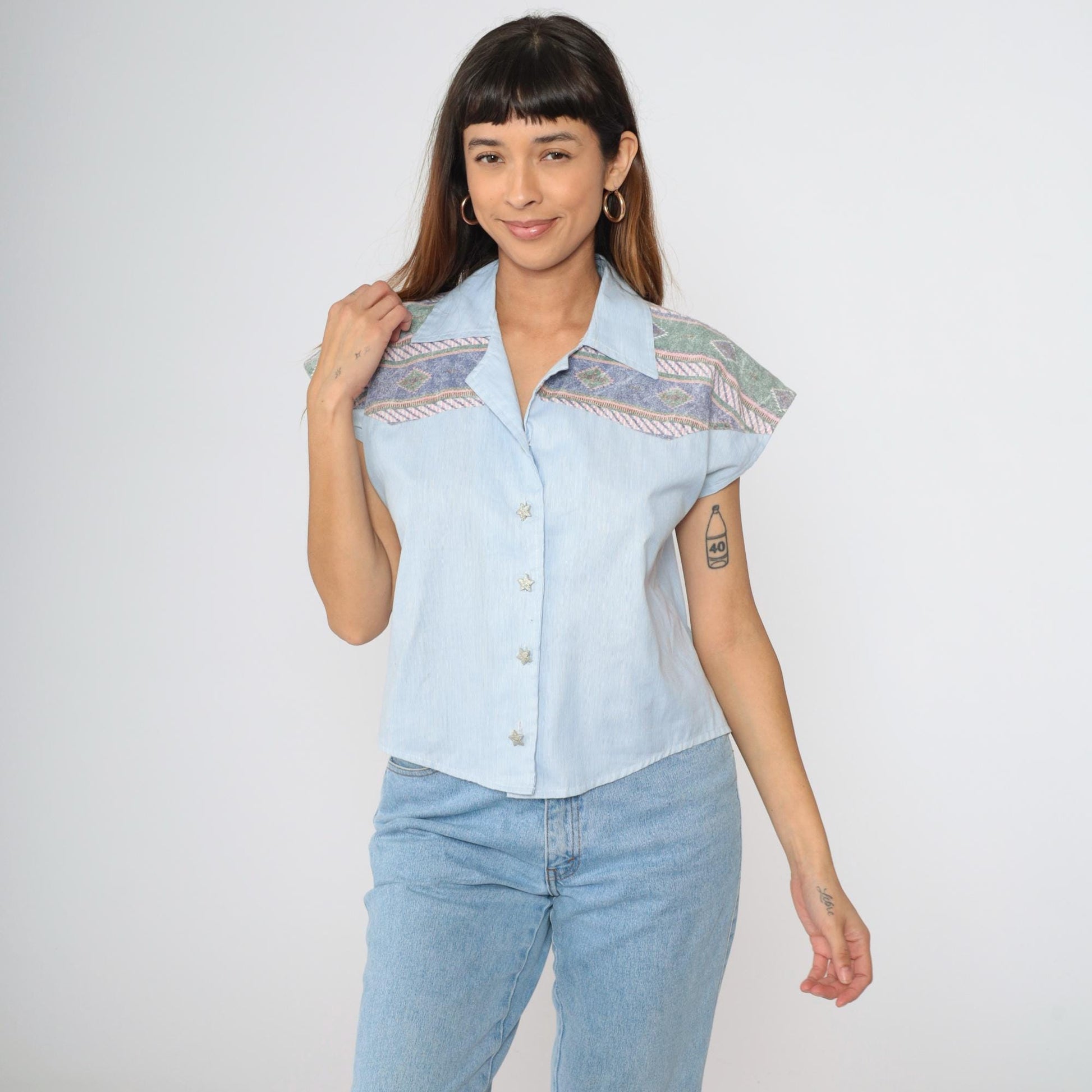 90s Southwestern Blue Striped Button-Up Blouse Star Print Cap Sleeve Medium