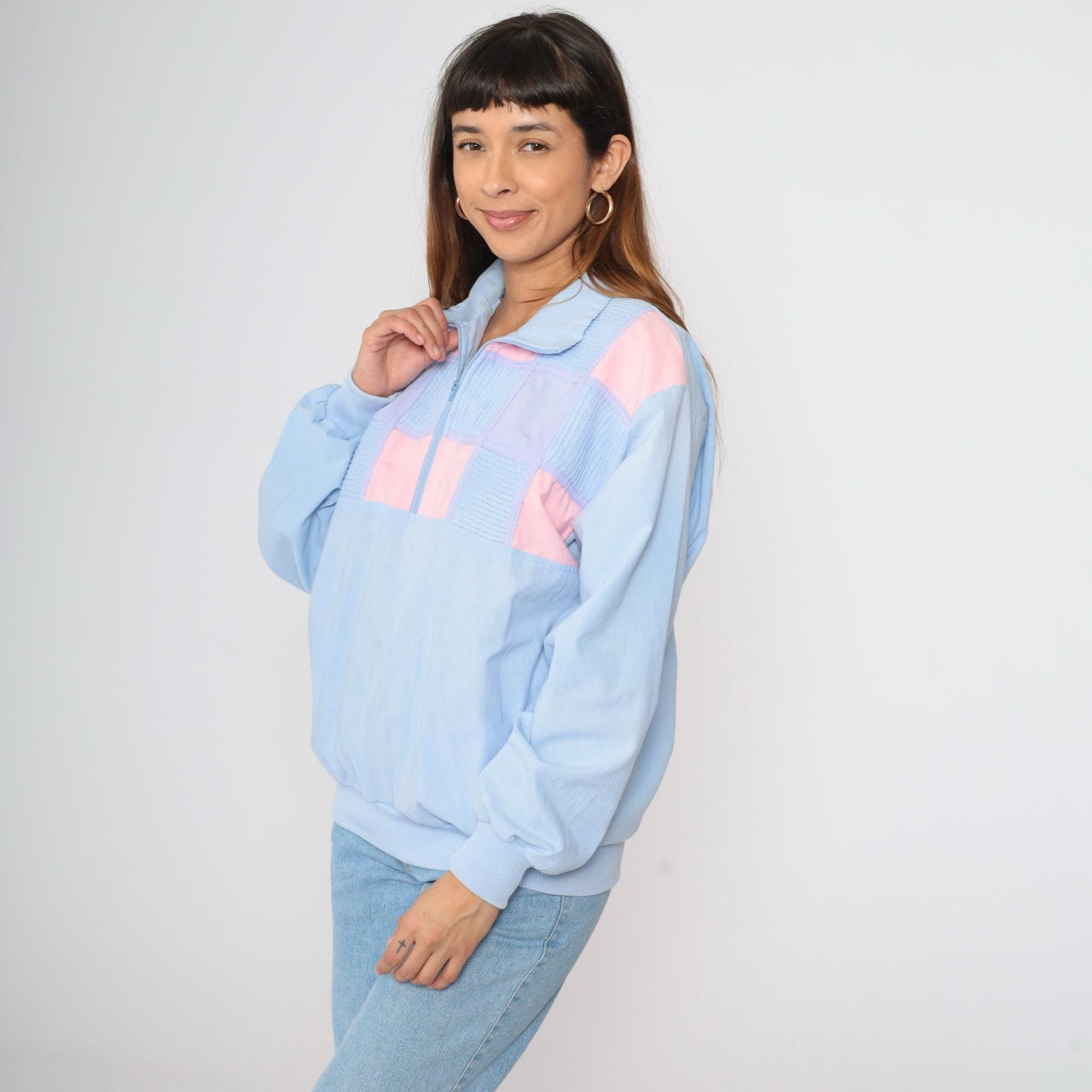 80s Cavalier Colorblock Quarter Zip Pullover Pink Lilac Blue Knit Medium Large