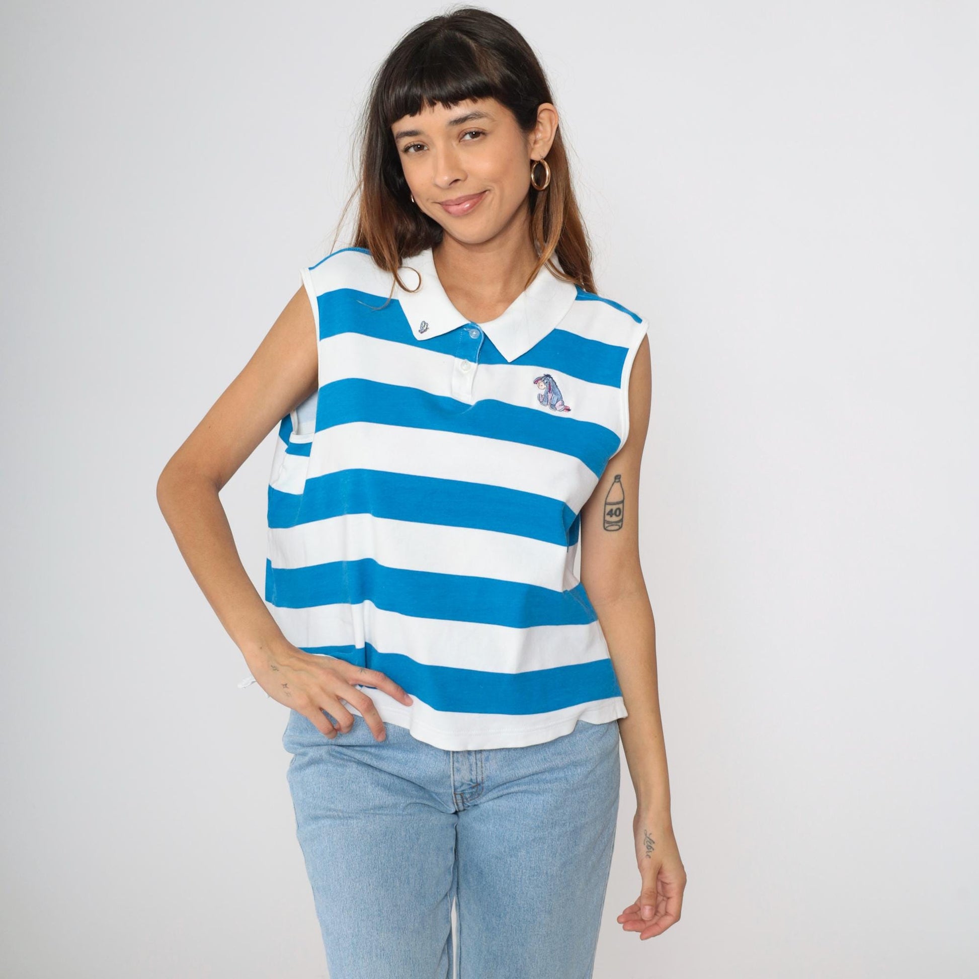 Disney Eeyore Polo Tank Top Blue Striped Embroidered Cotton Extra Large