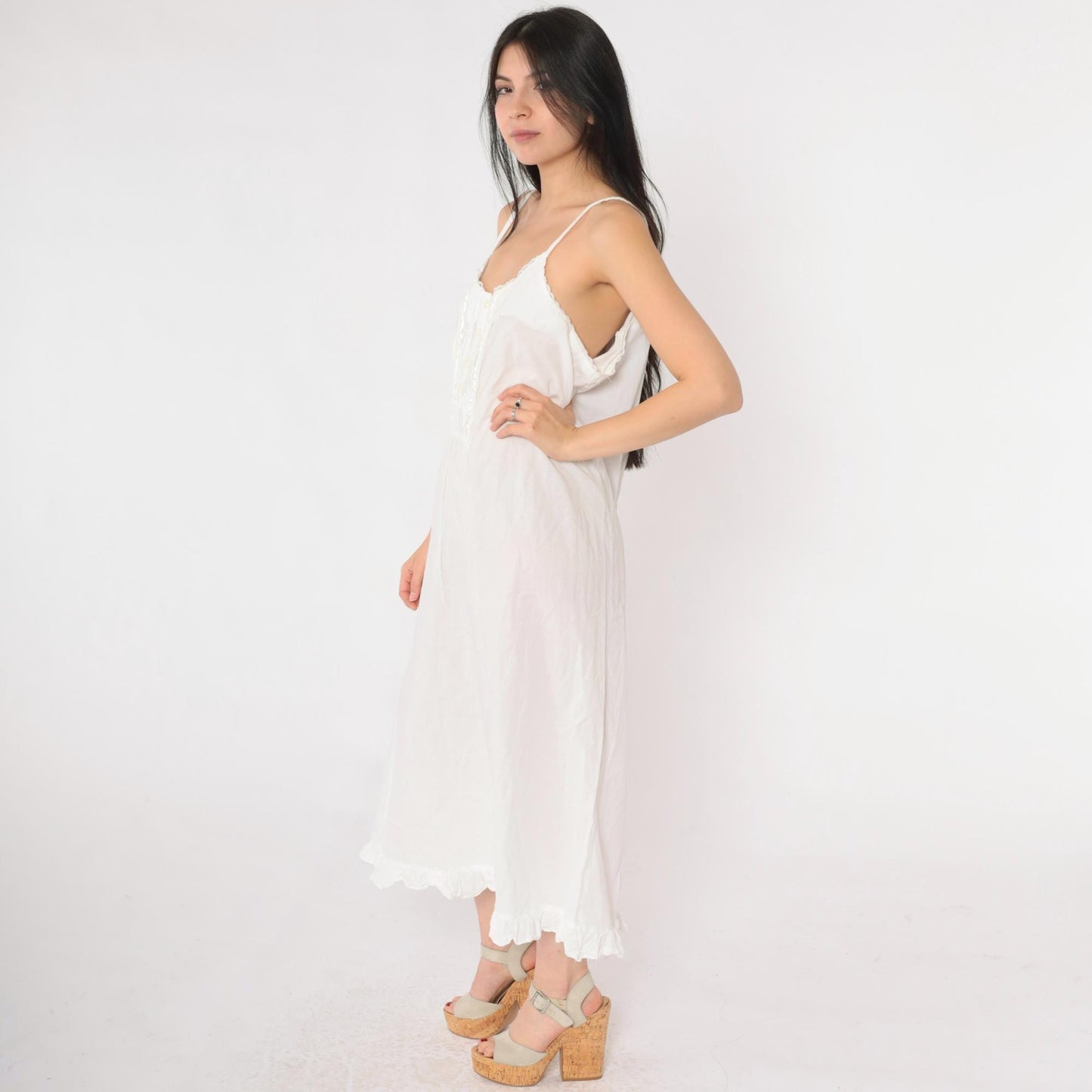90s Laura Ashley White Cotton Nightgown Pintuck Lace Spaghetti Strap Large