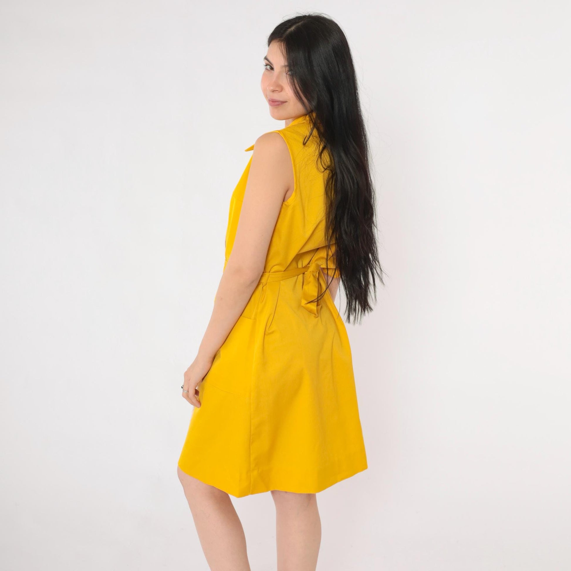 70s Yellow Shift Dress White Trim V-Neck Wrap Mini Sleeveless Small