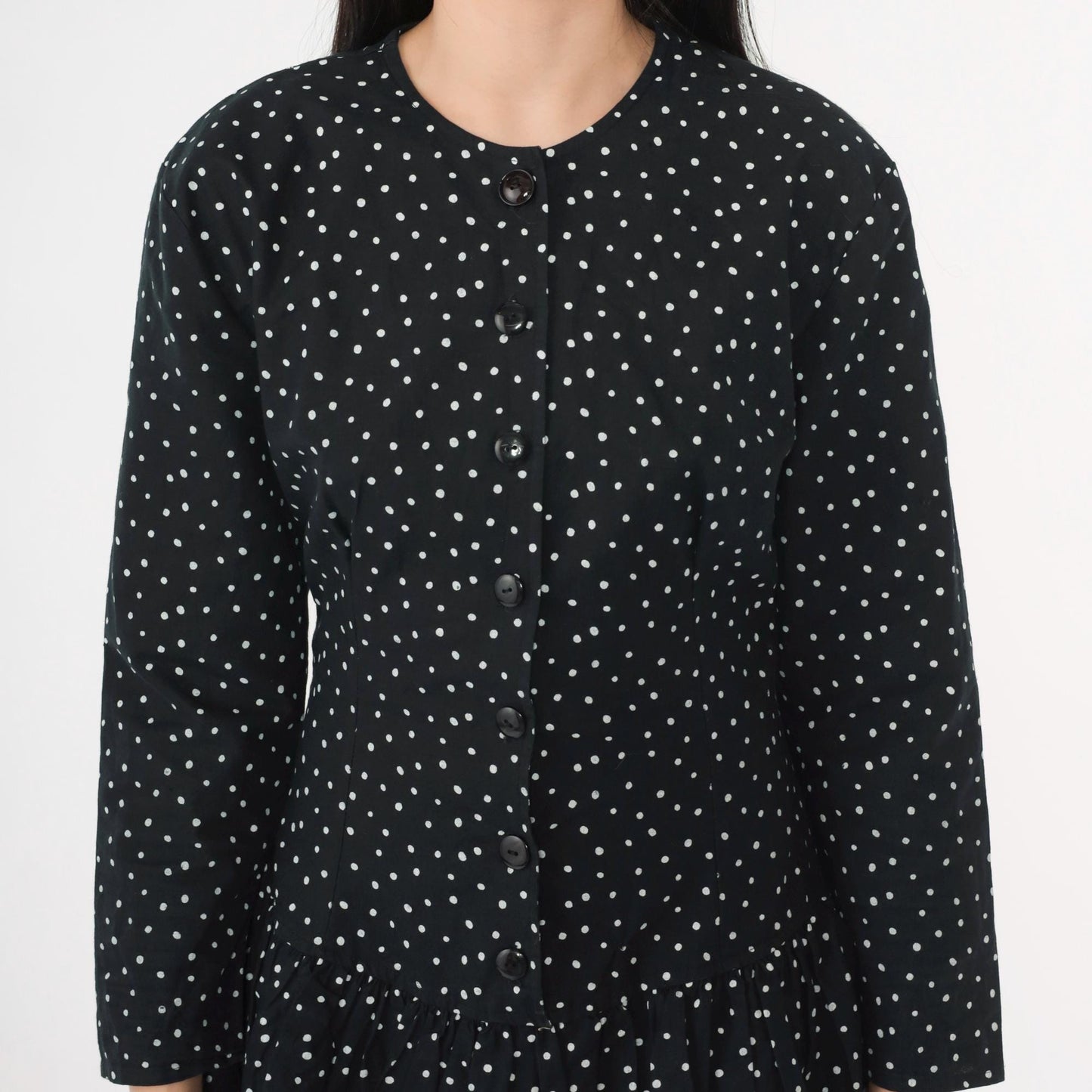80s Black Polka Dot Mini Dress Button-Up Long Sleeve Tiered Ruffle Small