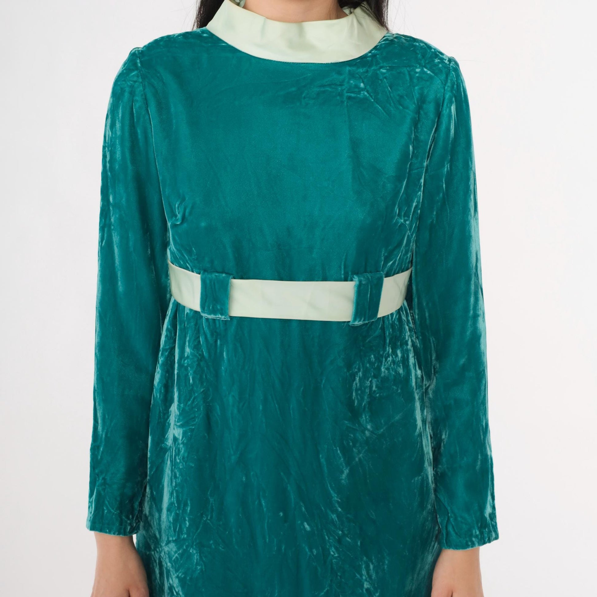60s Teal Velvet Mini Dress Long Sleeve Empire Waist Bow Small