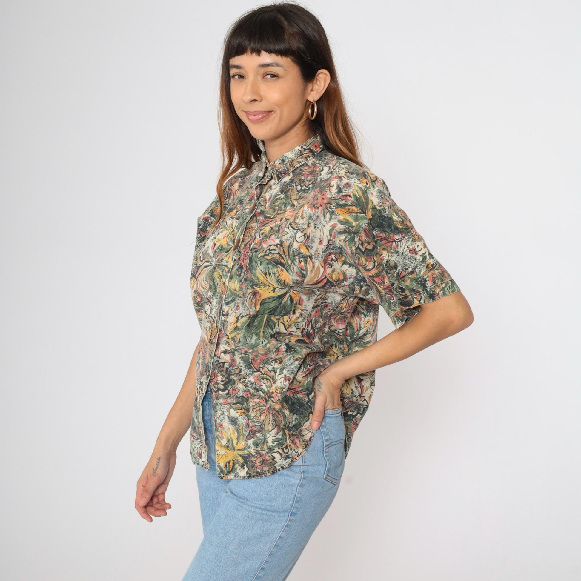 90s Tropical Jungle Print Button-Up Shirt Green Yellow Pink Cotton Large