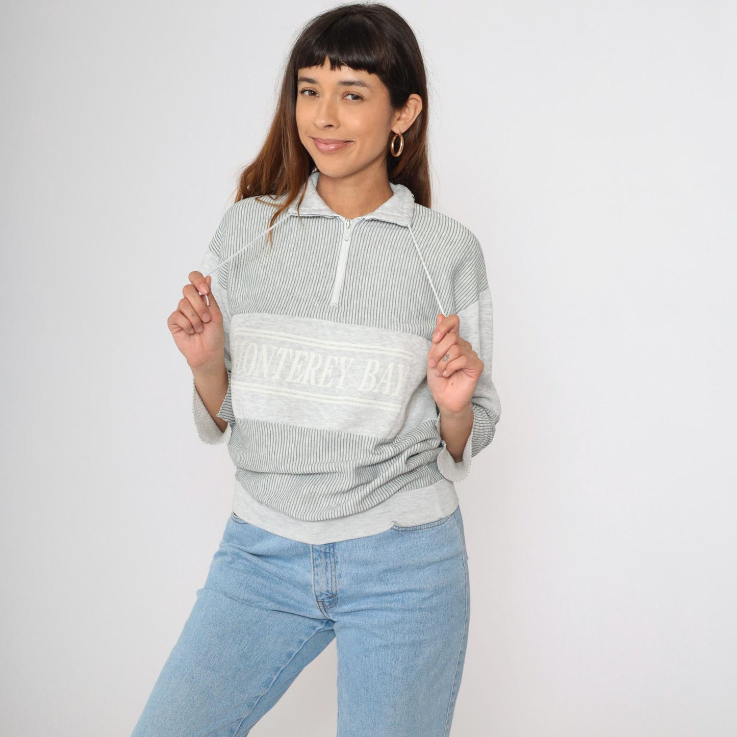 90s Monterey Bay Sweatshirt Grey Striped Quarter Zip Pullover Medium