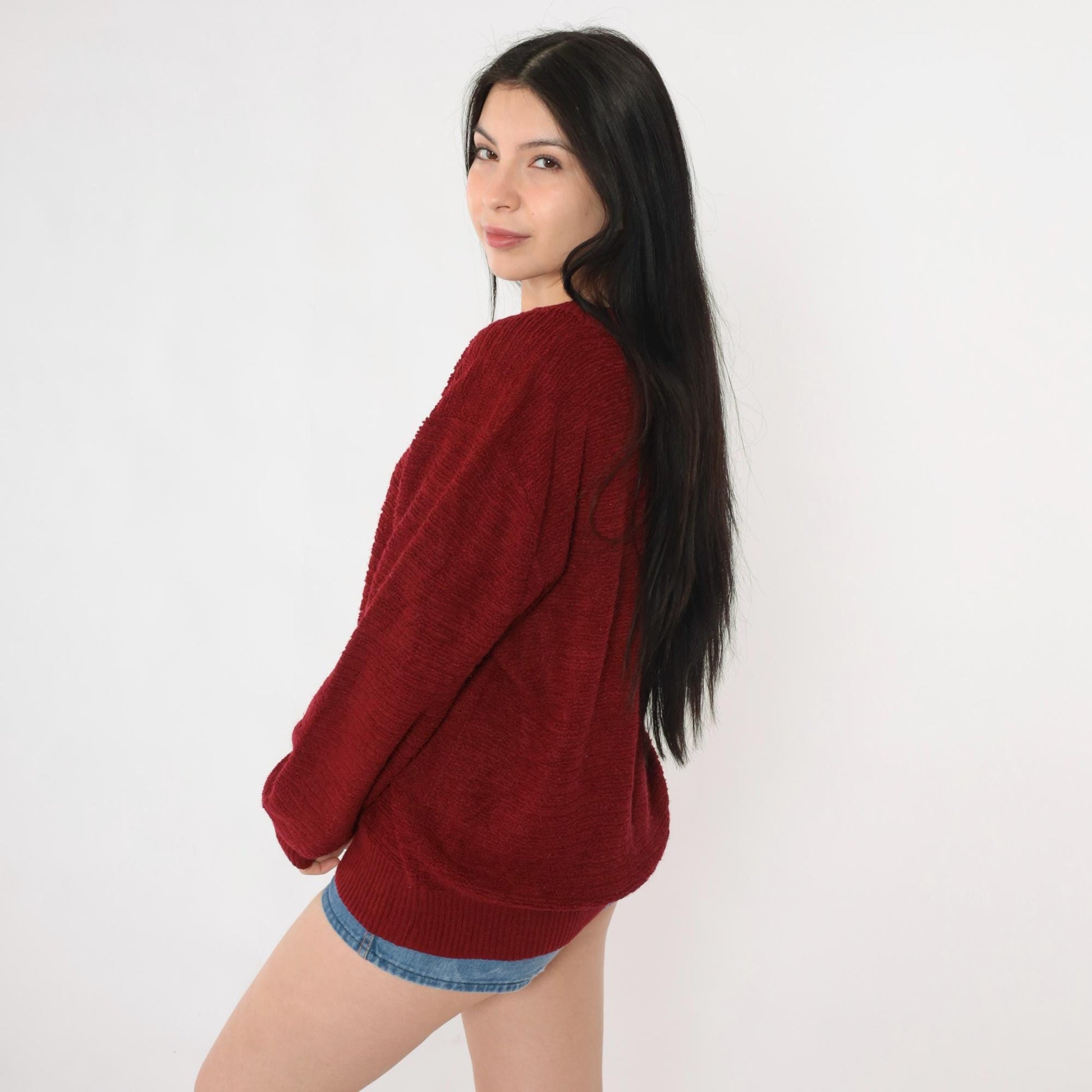 80s Jantzen Loop Knit Sweater Burgundy V-Neck Pullover Medium M