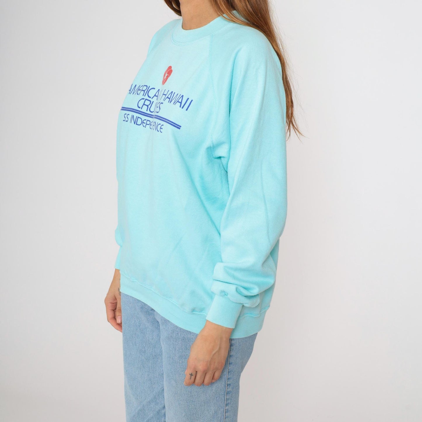 80s American Hawaii Cruises SS Independence Sweatshirt Aqua Graphic Large