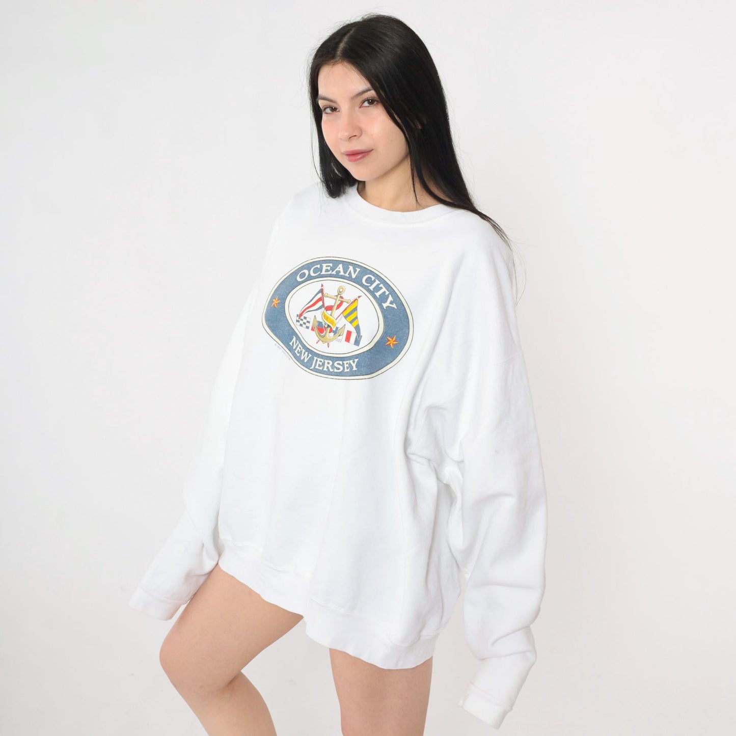 90s Ocean City New Jersey Nautical Anchor Graphic Sweatshirt White Crewneck XXL